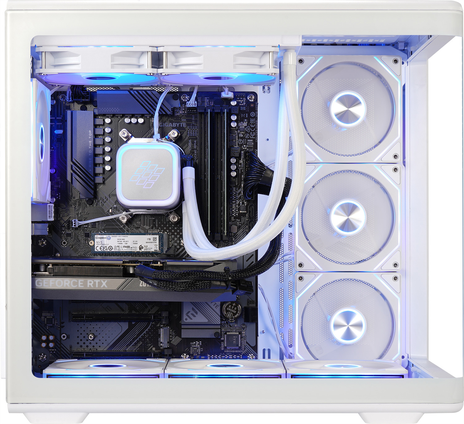 Binnenkant van een witte pc-behuizing met verlichte ventilatoren, moederbord, waterkoeling en videokaart.