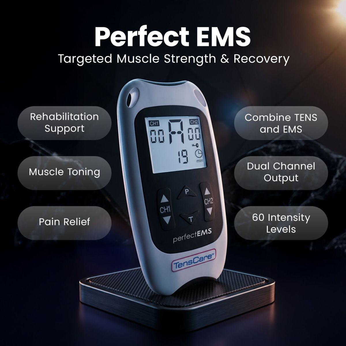 Perfekt EMS Gerät für Muskelstärke, mit Reha, Toning und Schmerzlinderung Funktionen.