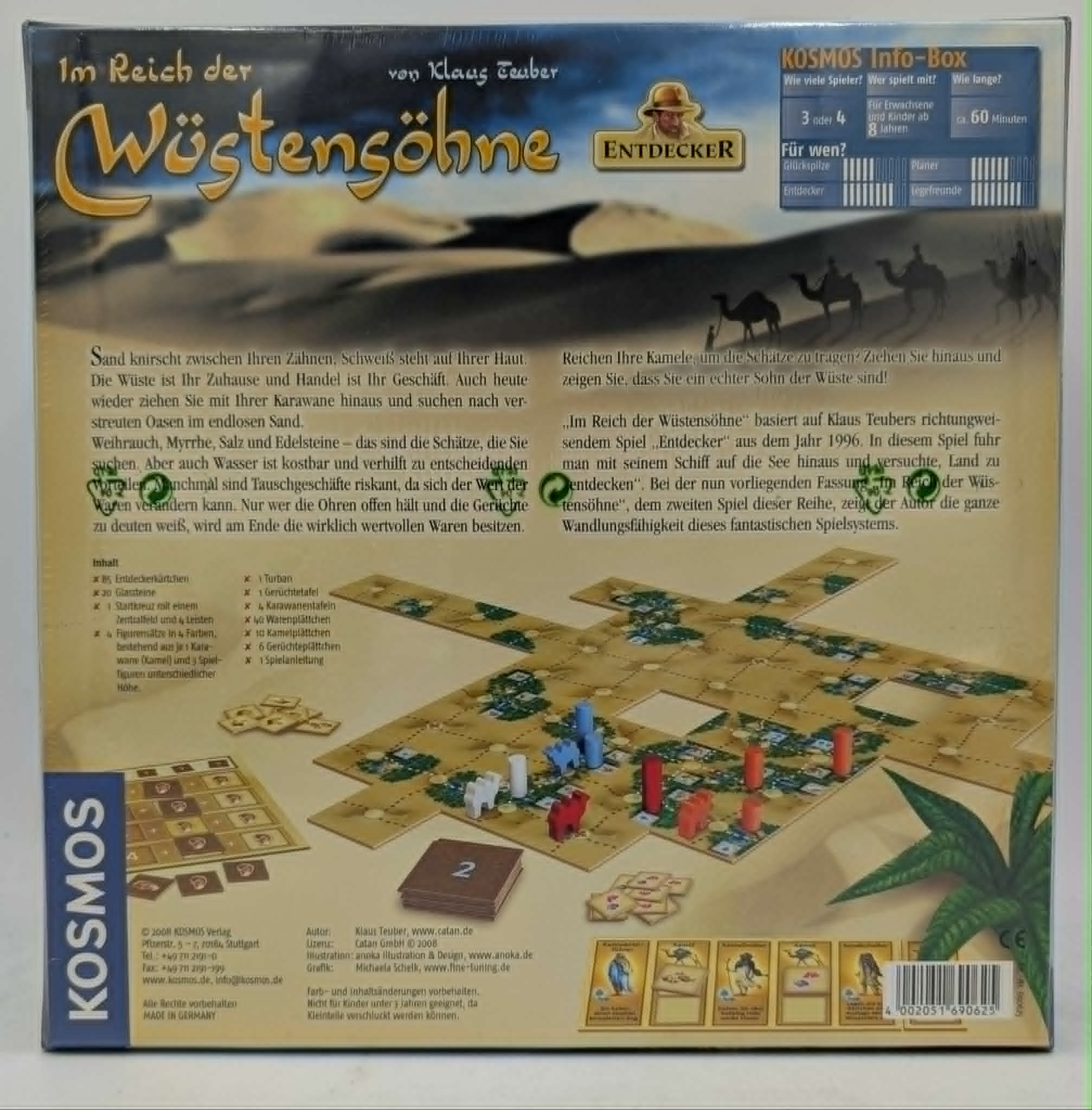 Die Rückseite der Brettspielschachtel 'Im Reich der Wüstensöhne' zeigt den Spielaufbau, die Regeln und die Komponenten.