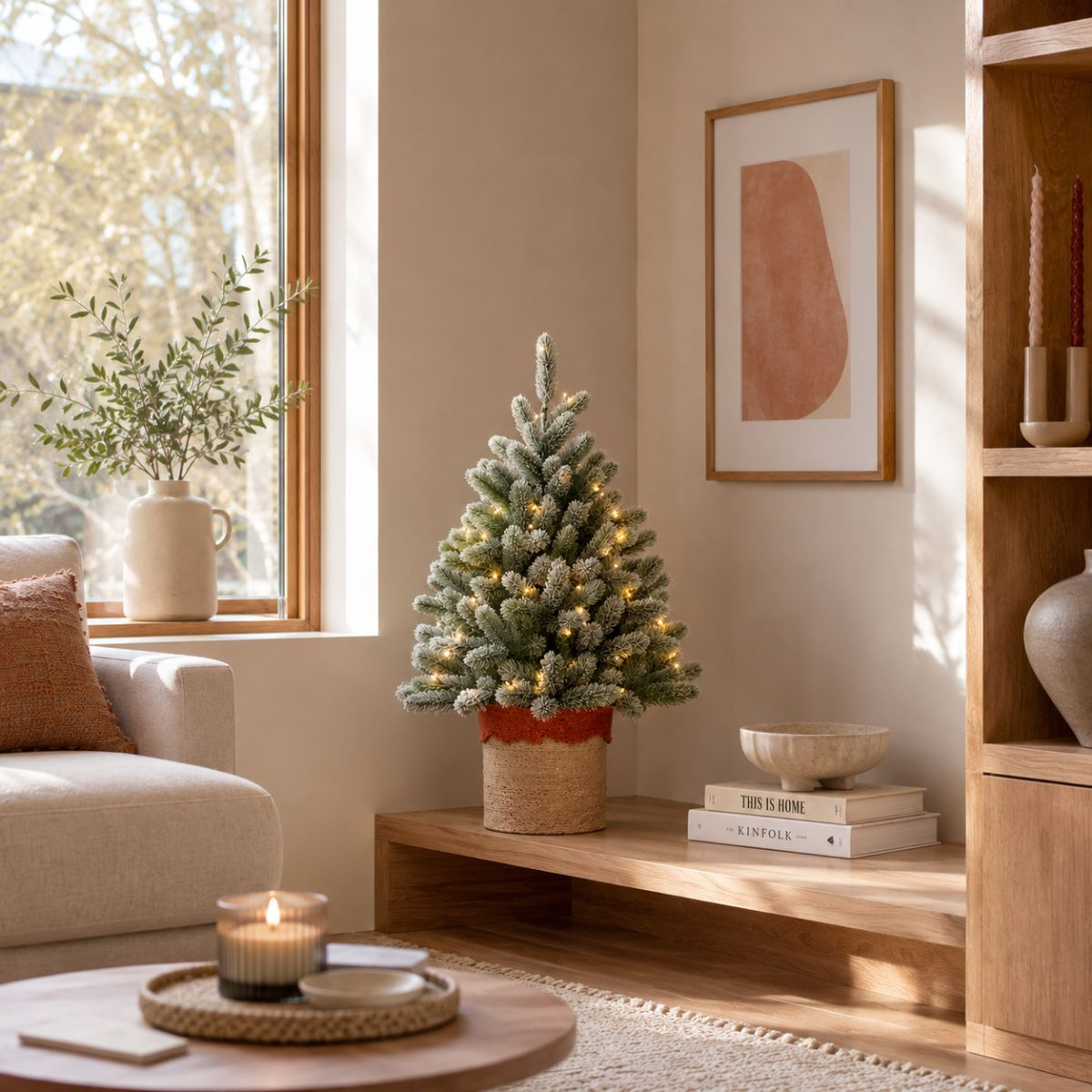 A small lit Christmas tree in a woven pot sits on a wooden shelf in a bright living room.
