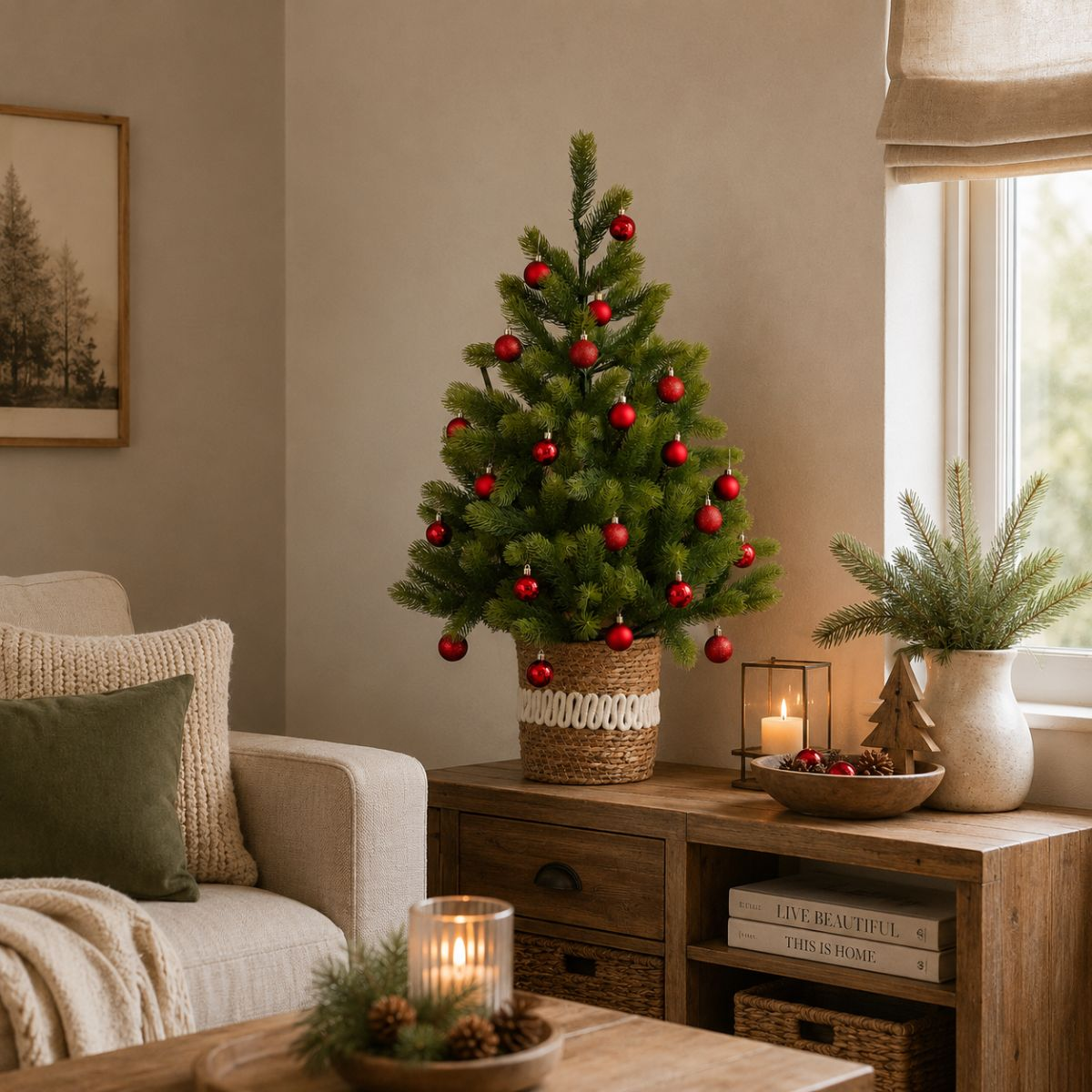 Small Christmas tree with red baubles in a woven basket on a wooden chest in a cozy room.