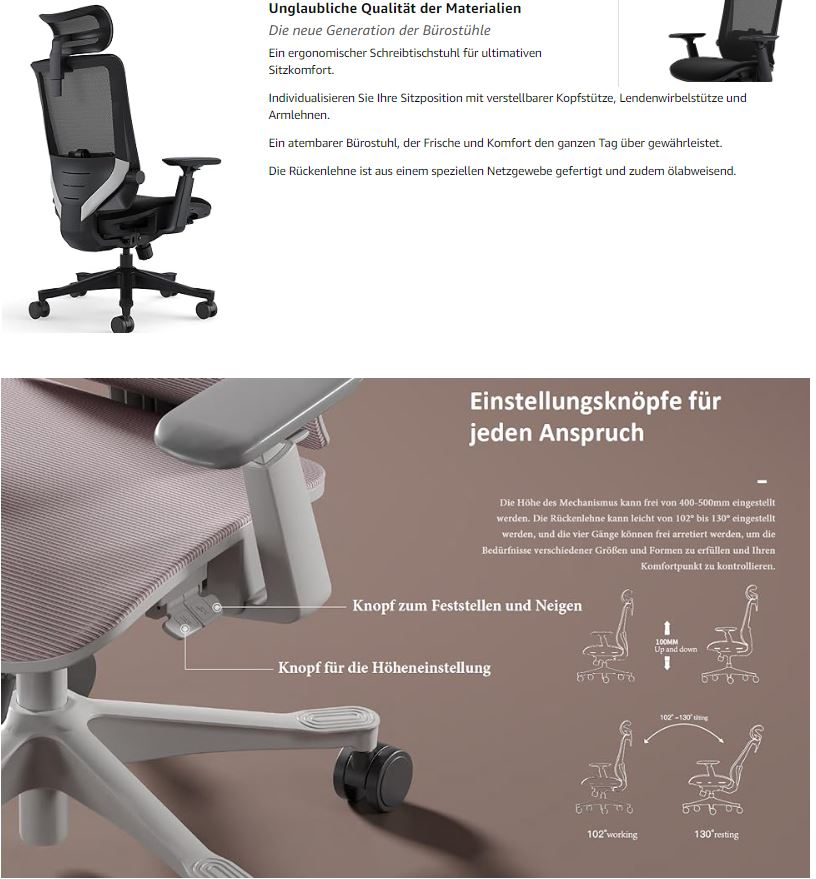 Ergonomischer schwarzer und grauer Schreibtischstuhl mit verstellbaren Funktionen und deutscher Produktbeschreibung.