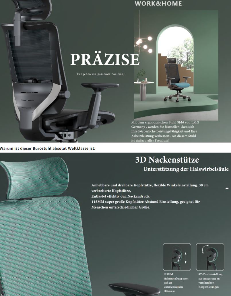 Werbeanzeige für ergonomischen Bürostuhl SM6 mit Details zu 3D-Nackenstütze, Funktionen und grünem Hintergrund.