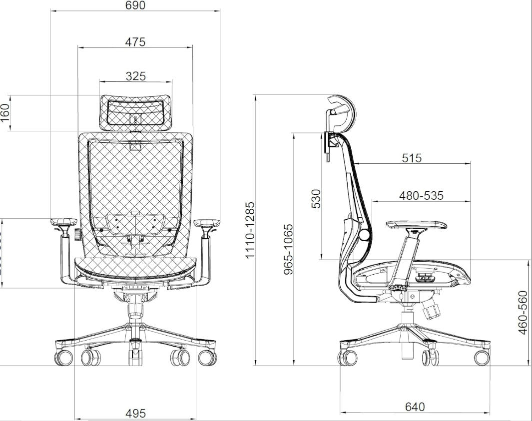 Technische Zeichnung eines ergonomischen Buerostuhls mit genauen Abmessungen in Millimetern von vorne und der Seite.