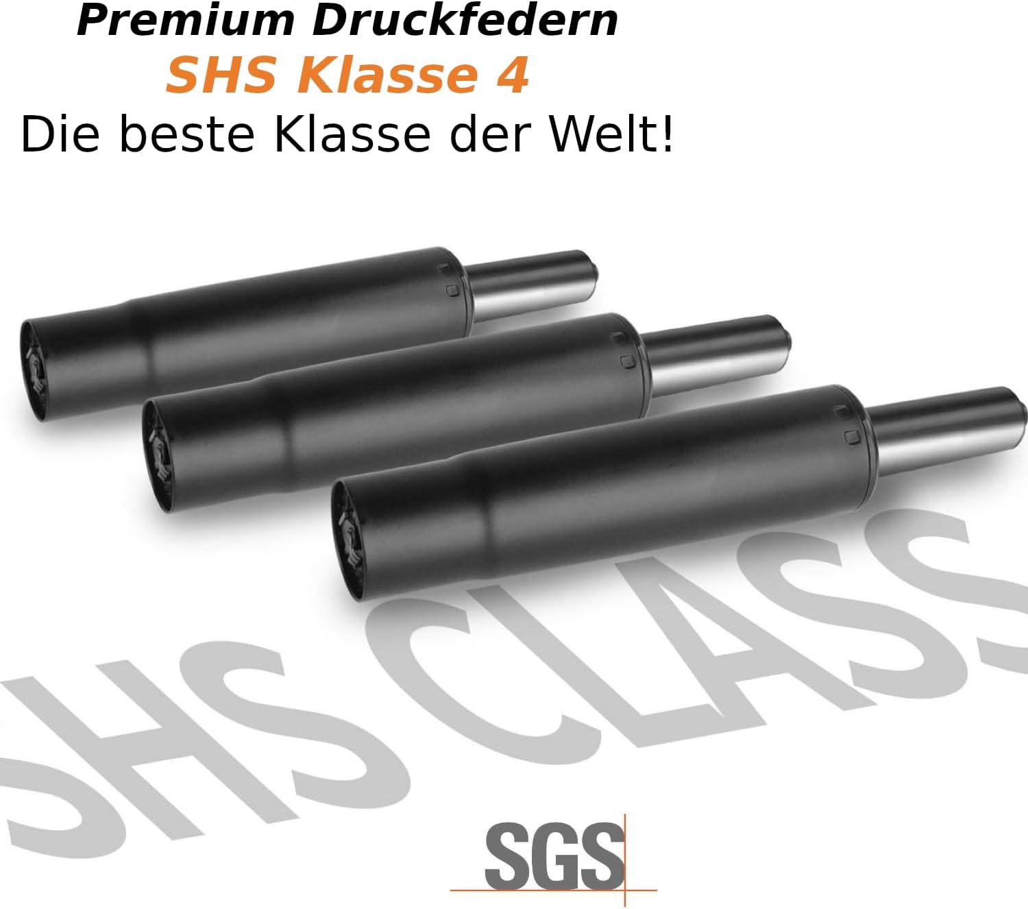 Drei schwarze Gasfedern mit silbernen Stangen auf weißem Hintergrund mit Text.