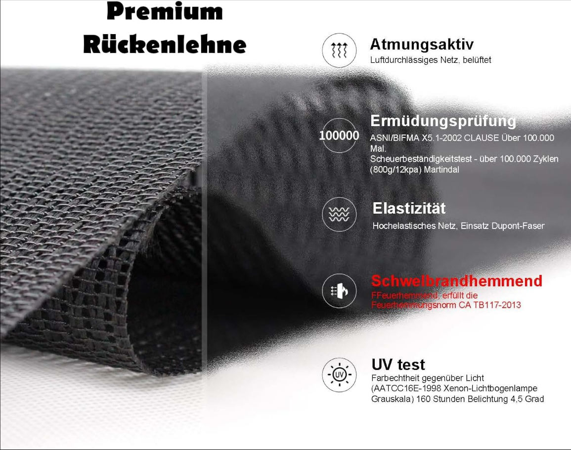 Detailansicht der schwarzen, atmungsaktiven und elastischen Premium-Rückenlehne mit Icons für Produkttests.
