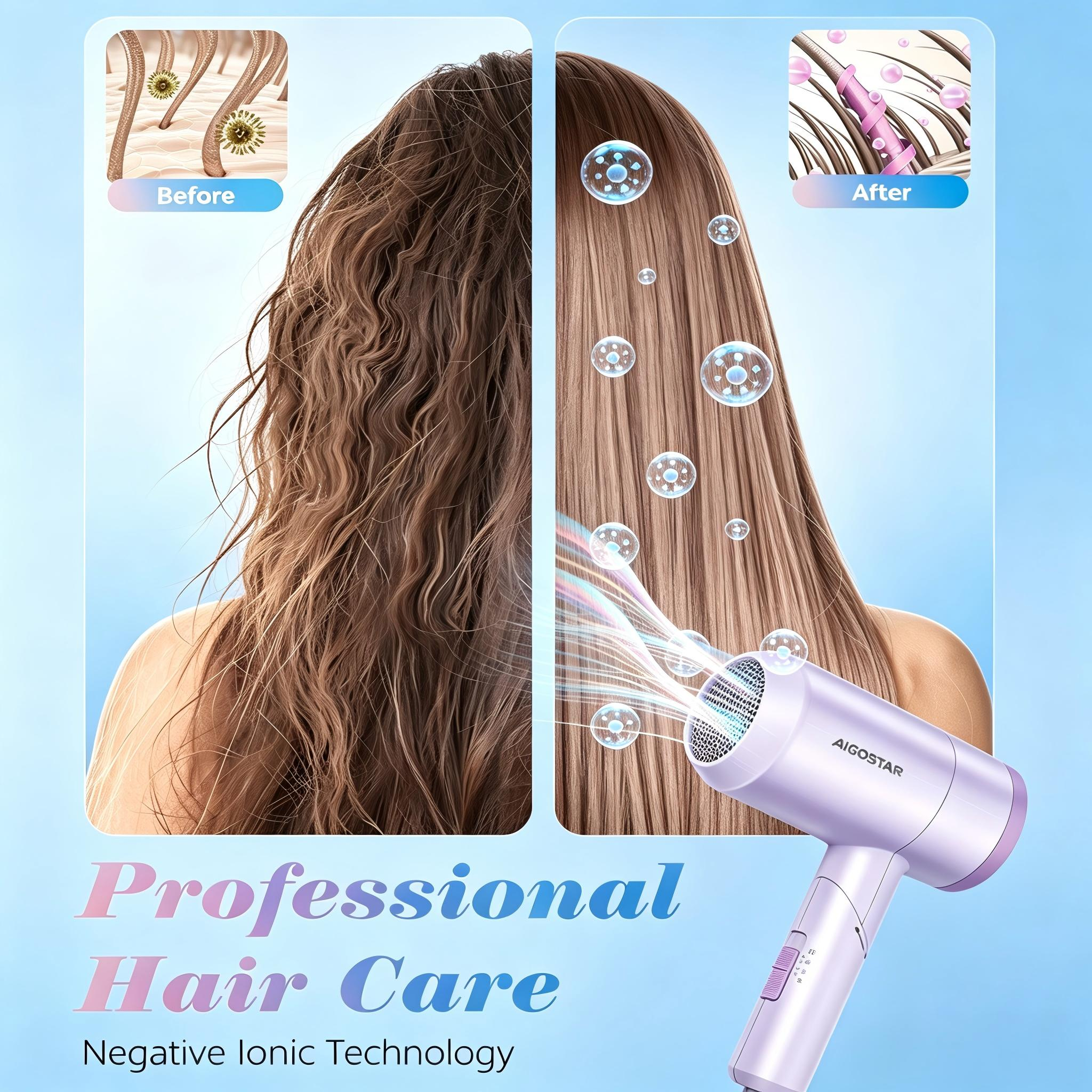 Comparación que muestra cabello frizz antes y liso después de usar un secador iónico Aigostar morado.