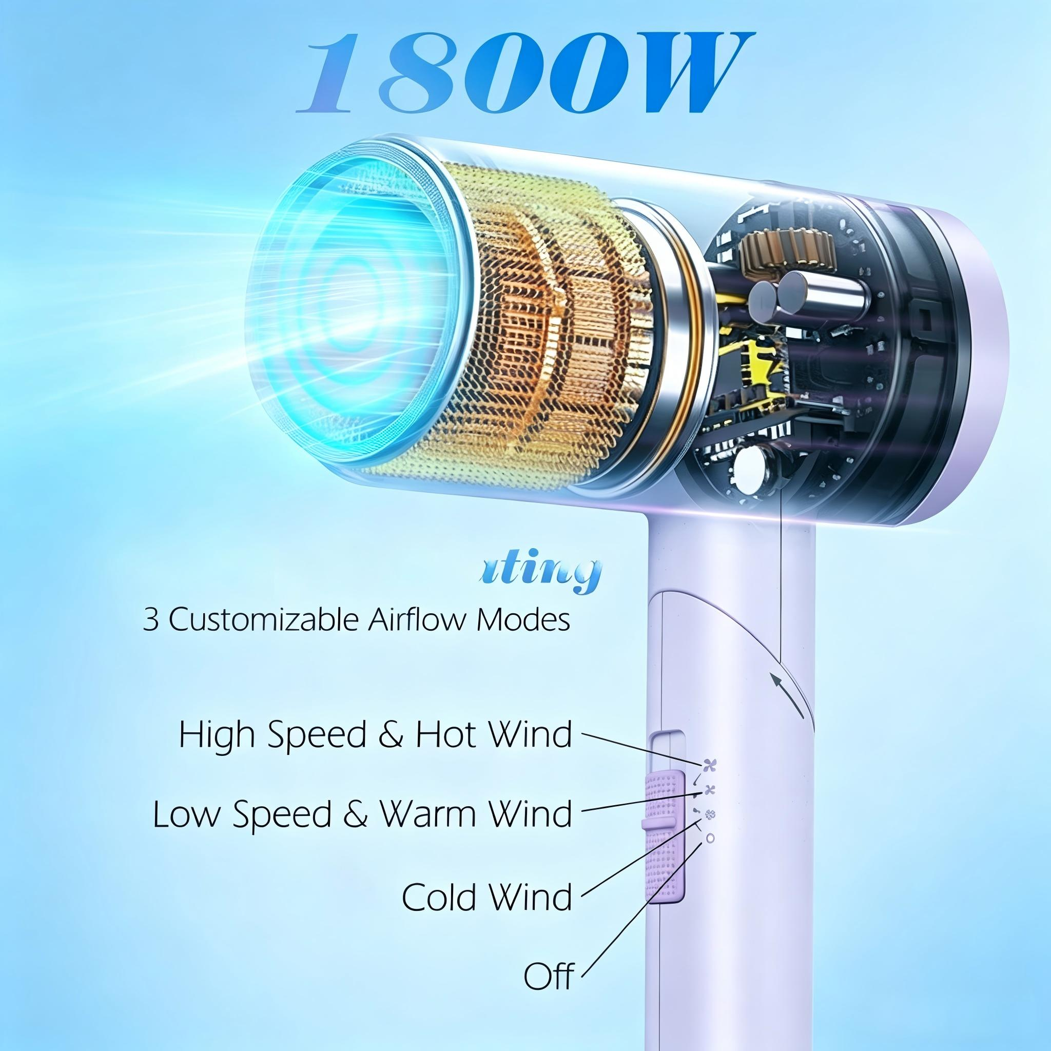 Secador transparente de 1800W con motor visible y controles de modos de aire.
