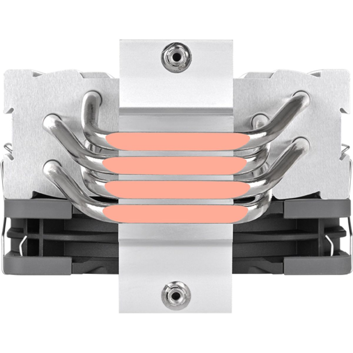 CPUKühler mit KupferHeatpipes und grauen Lamellen auf weißem Hintergrund.