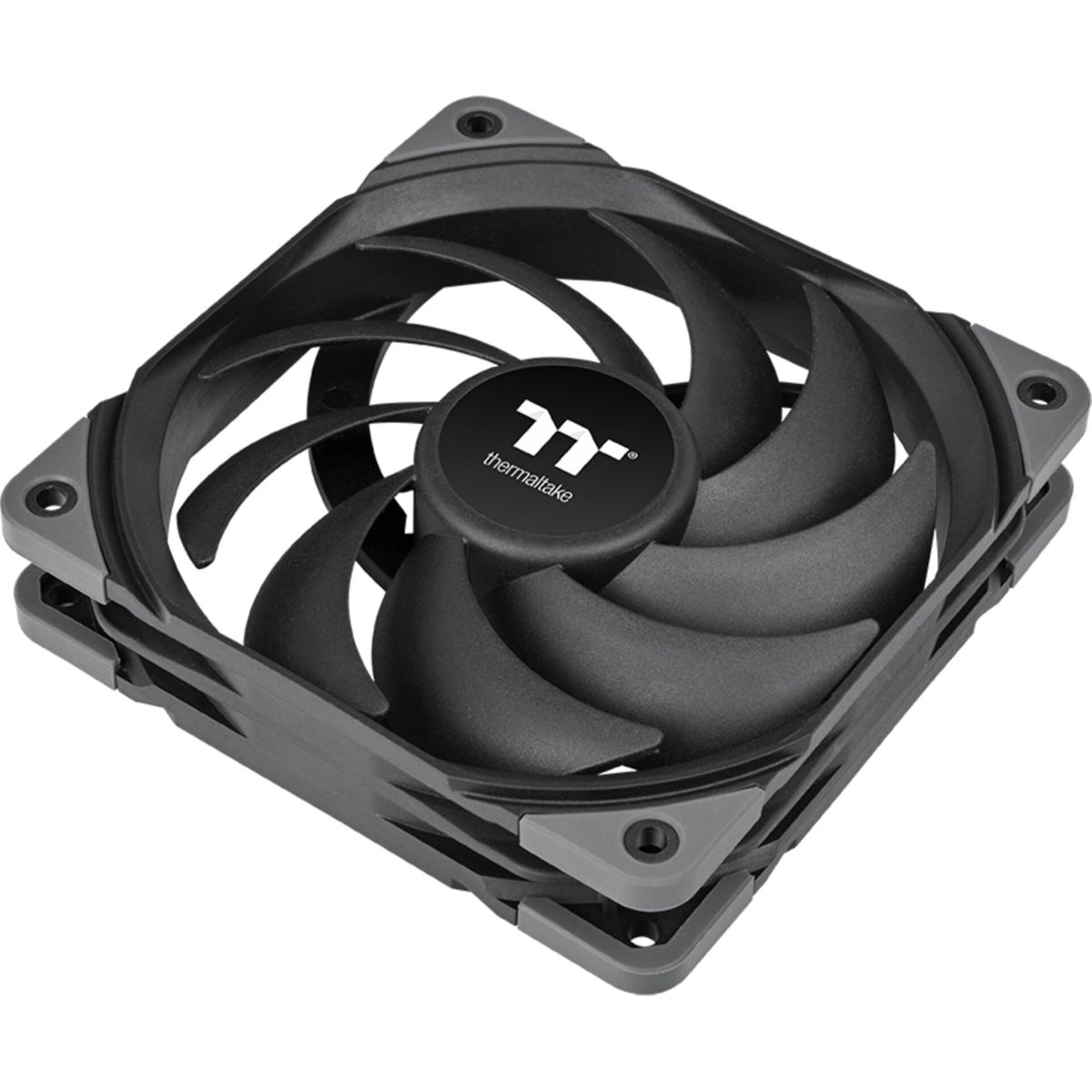 Ein schwarzer Thermaltake Computerlüfter mit geschwungenen Blättern und grauen Eckdämpfern auf weißem Hintergrund.