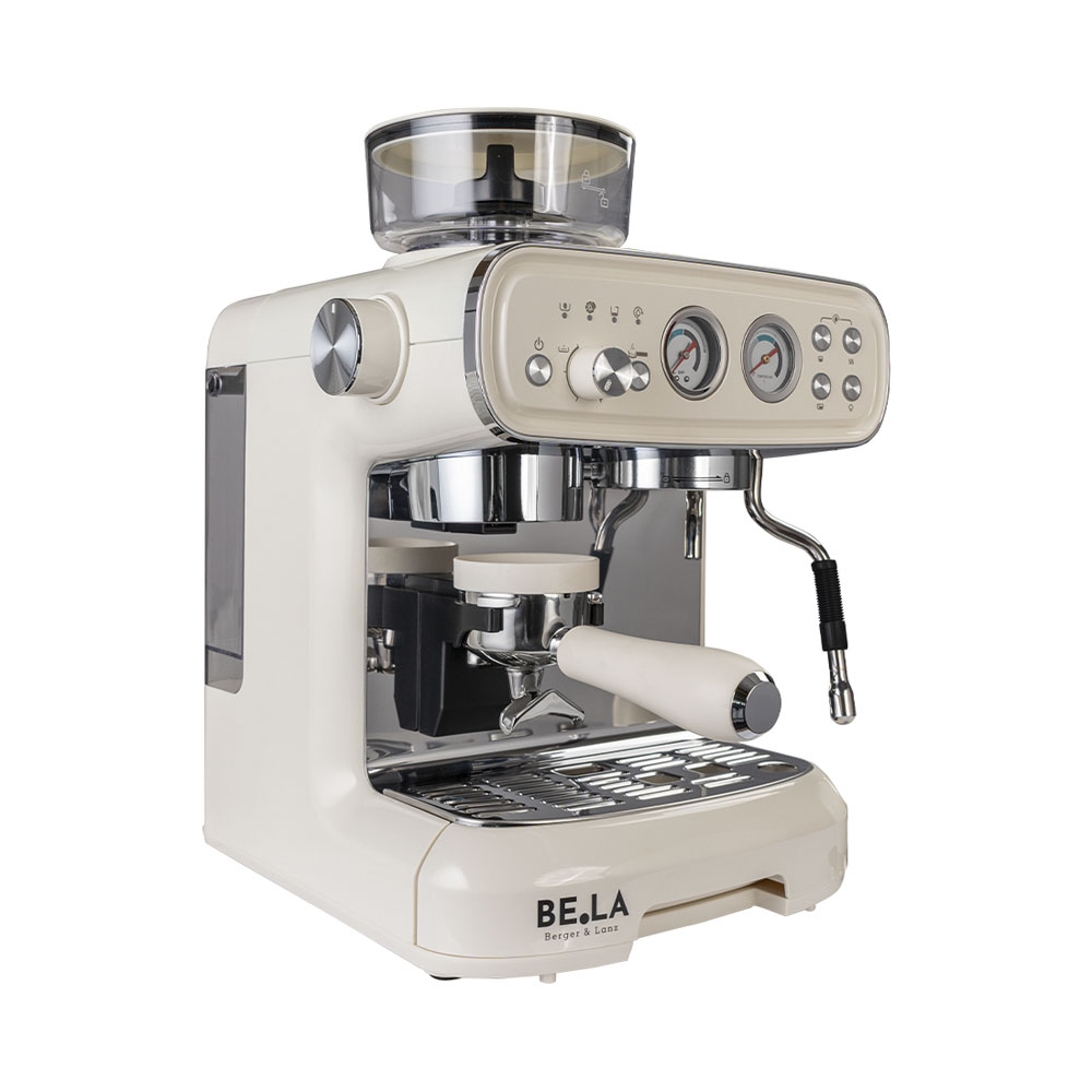 Une machine à espresso blanc crème avec moulin intégré, boutons et deux manomètres.
