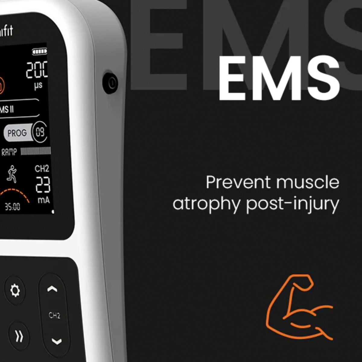 Ein weißes EMS-Gerät vor schwarzem Hintergrund mit Text und Muskel-Symbol.