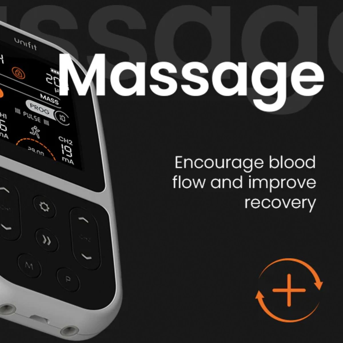 Ein medizinisches Gerät mit Display und Tasten zur Muskelmassage auf schwarzem Hintergrund.