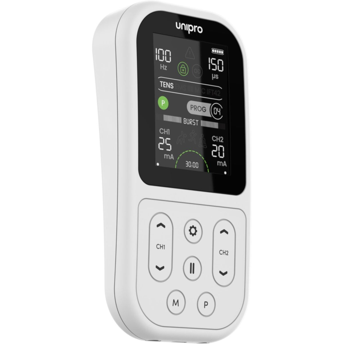 Weißes elektronisches TENS- und EMS-Gerät mit digitalem Display und Tasten.