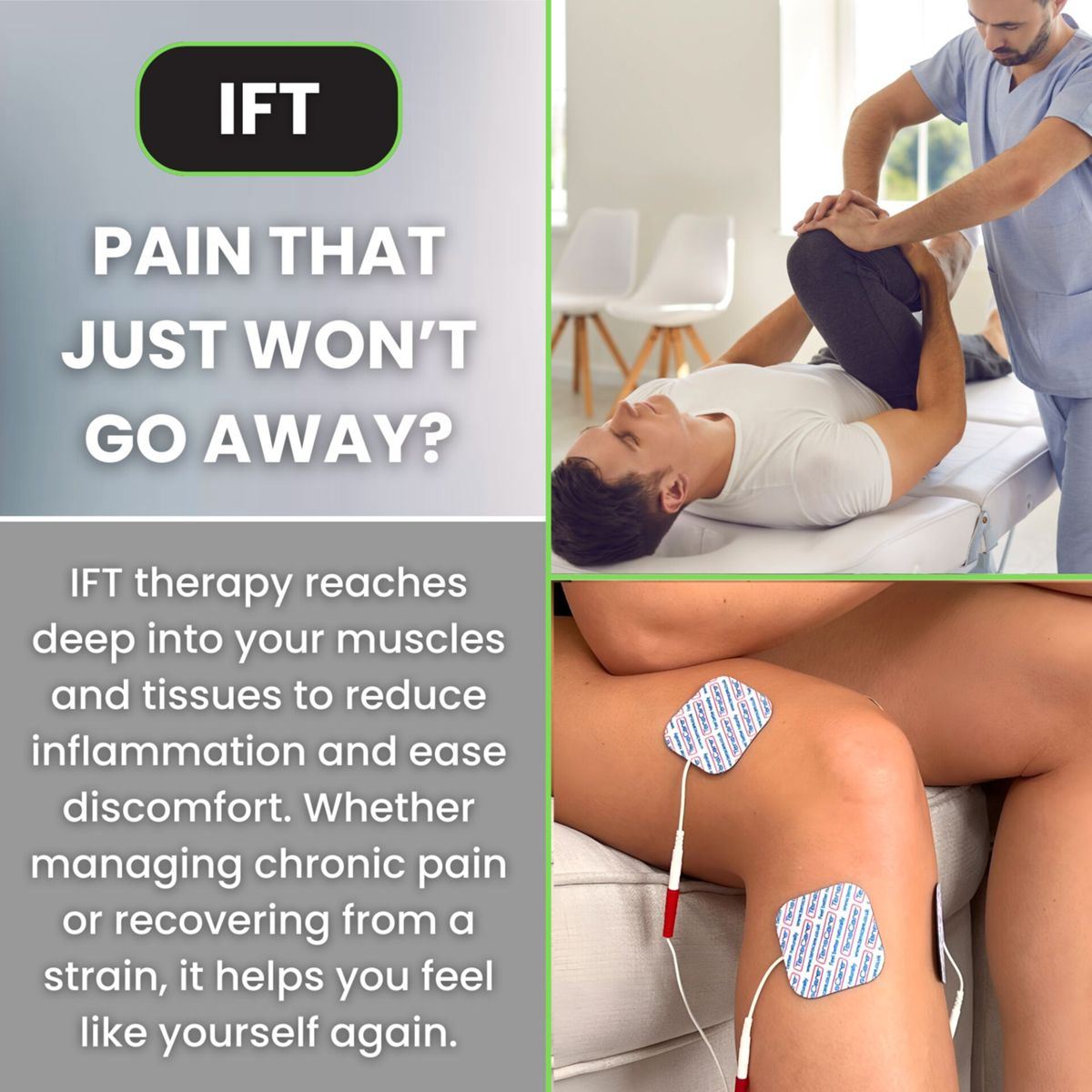 Infografik mit Text zur IFT-Therapie, einem Therapeuten bei einer Behandlung und Elektroden am Knie eines Patienten.