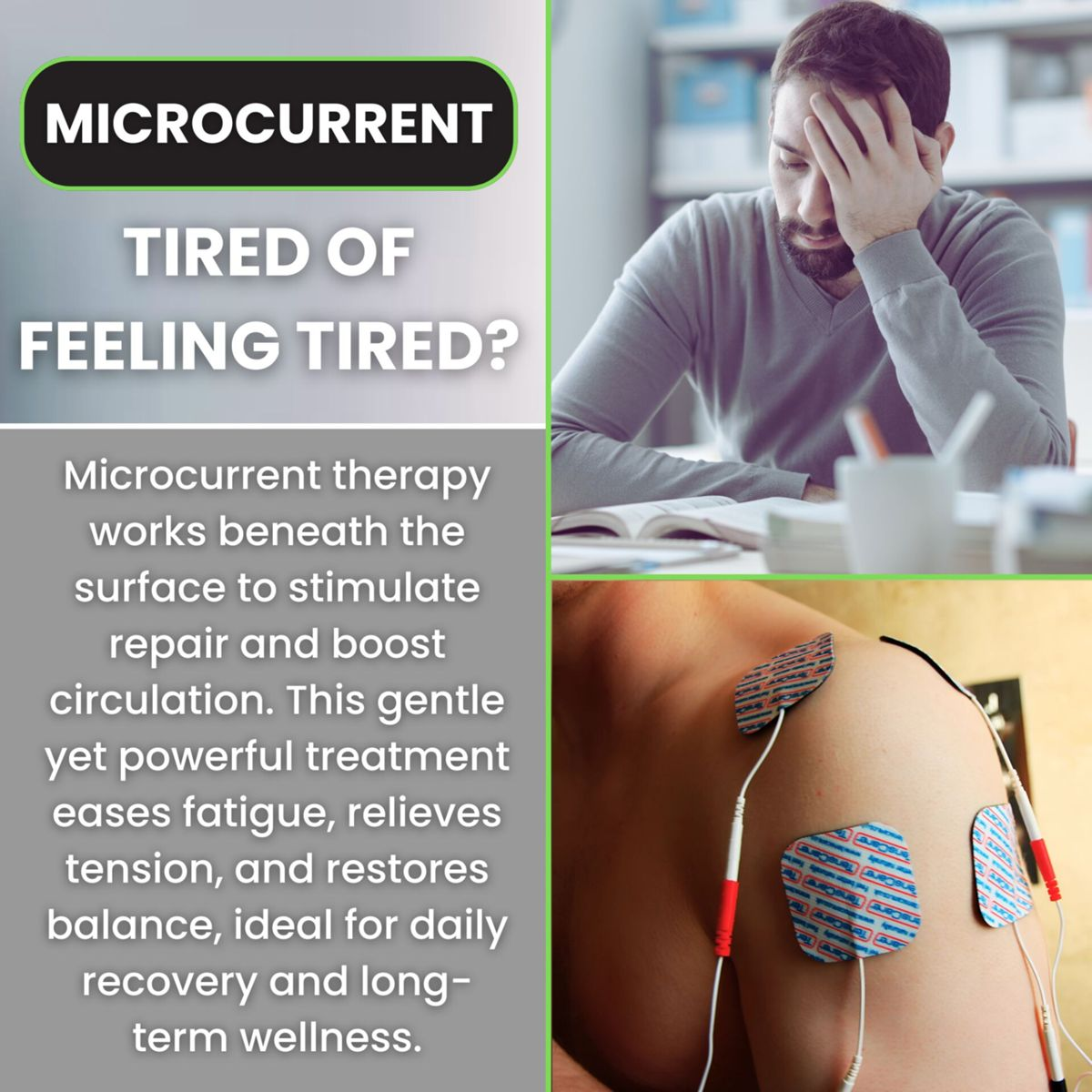 Microcurrent Werbung zeigt erschöpften Mann und Schulter mit Therapie-Pads.