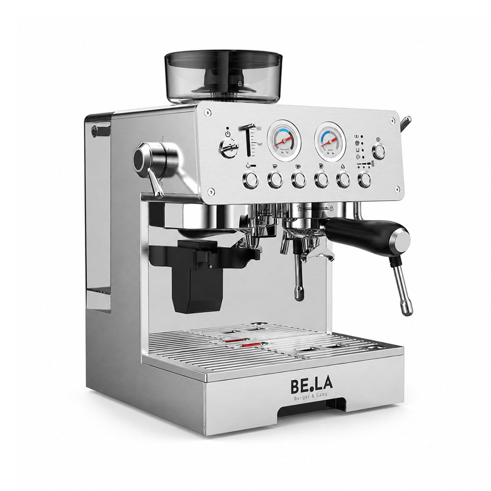 Une machine à espresso Be.La en acier inoxydable avec deux manomètres, des boutons et un porte-filtre sur fond blanc.