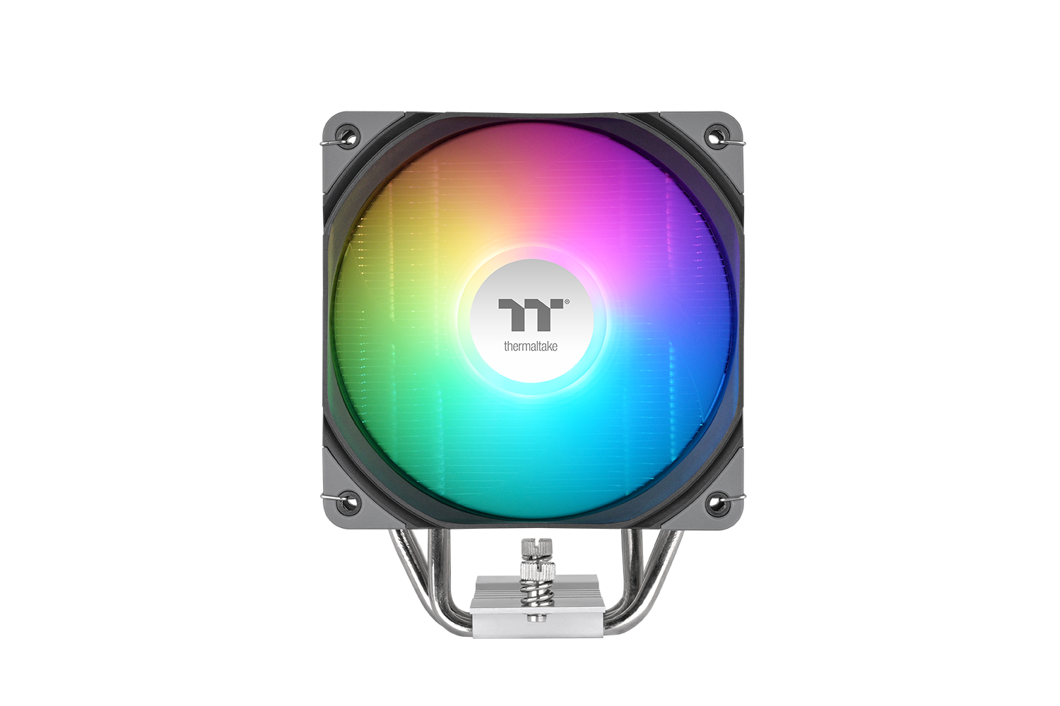 Ein CPU-Kühler mit RGB-beleuchtetem Lüfter, dem Thermaltake-Logo in der Mitte und einer Metallhalterung unten.