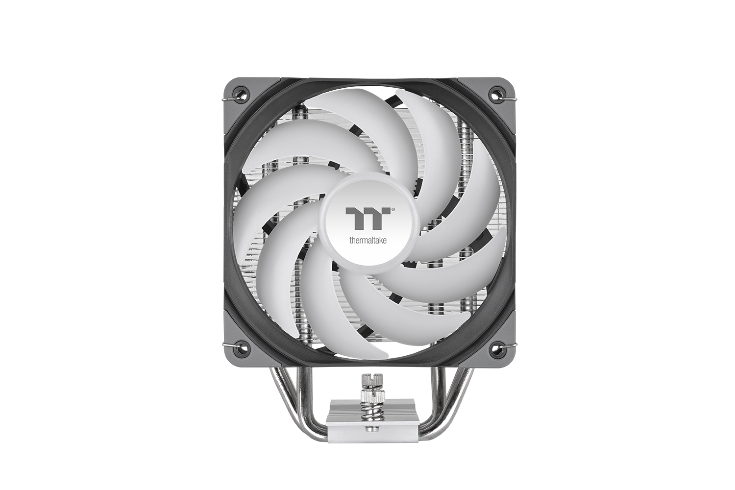 Frontalansicht eines Thermaltake CPU-Kühlers mit weißem Ventilator und silbernem Kühlkörper auf weißem Hintergrund.