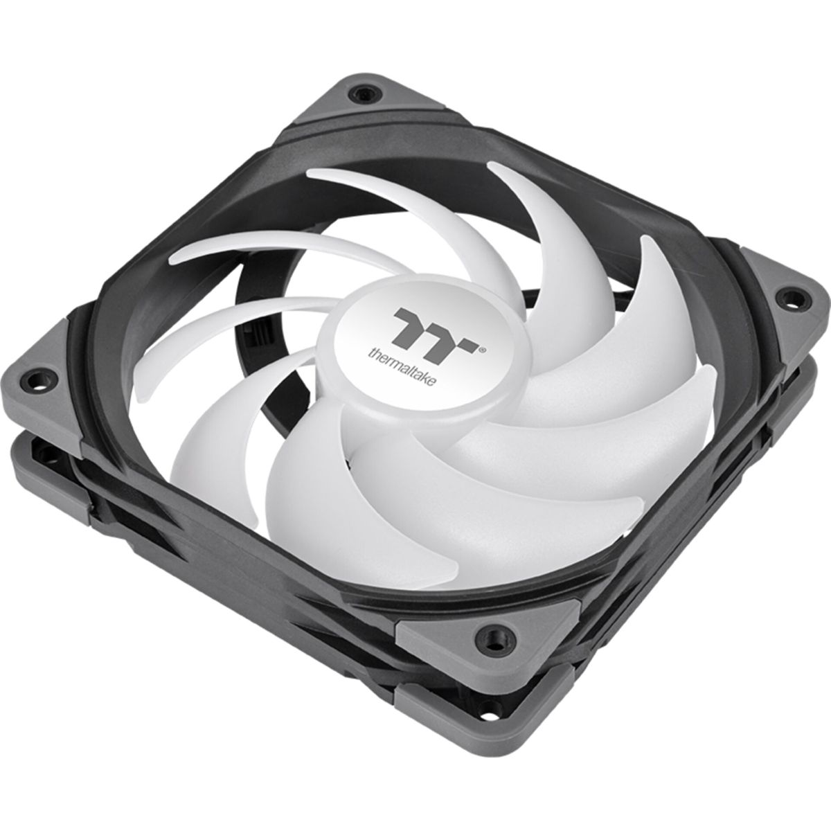 Ein Thermaltake-PC-Lüfter mit weißem Rotor und grauem Rahmen auf weißem Hintergrund.