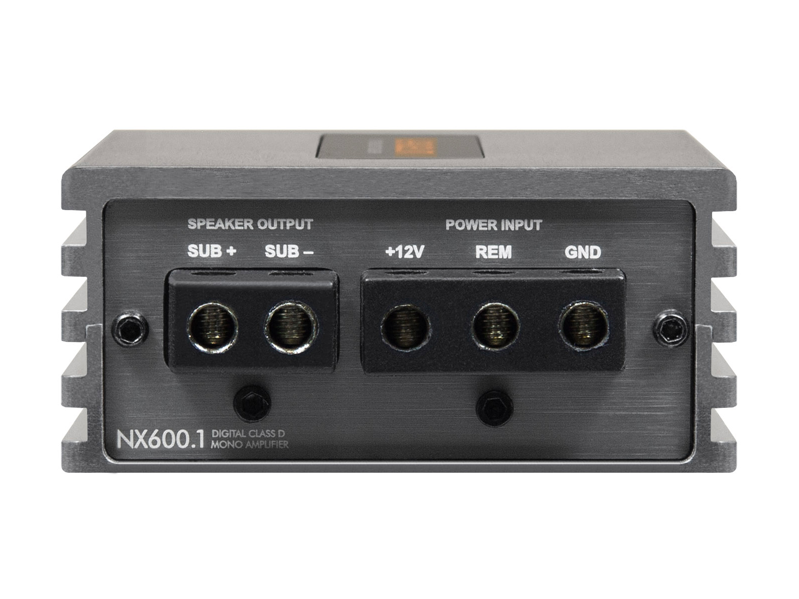 Rückseite des grauen NX600.1 Digital Class D Mono-Verstärkers mit Lautsprecherausgängen und Stromeingängen.