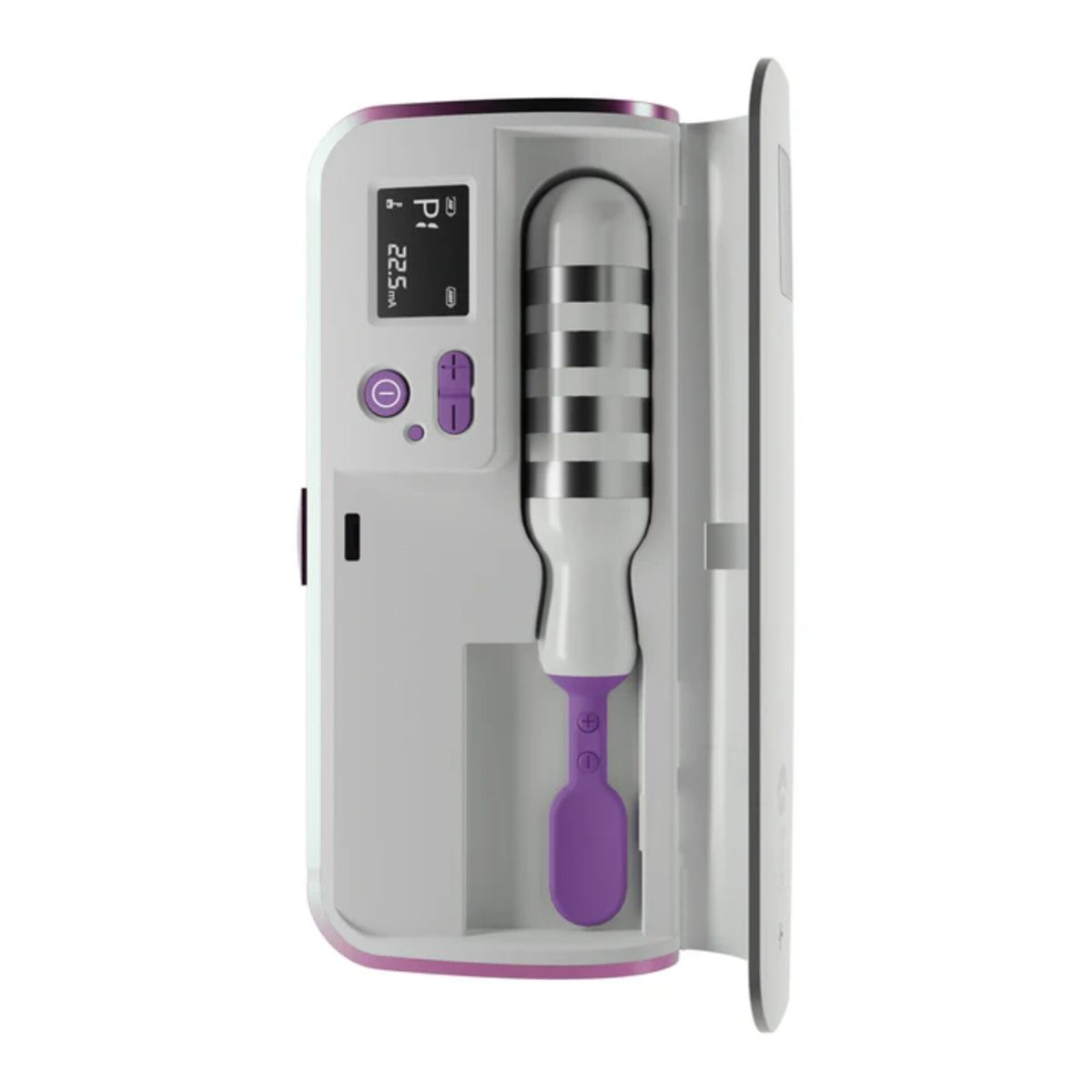 Ein Medizinprodukt in einem offenen weißen und lila Etui mit Digitalanzeige und gestreifter Sonde mit lila Griff.