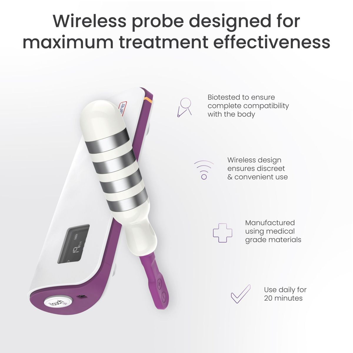 Kabellose Sonde mit weiß-violettem Design und textbestückten Funktionsgrafiken.