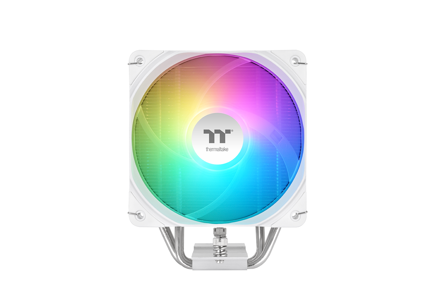 Ein weißer Thermaltake-CPU-Kühler mit RGB-Beleuchtung auf einem weißen Hintergrund.