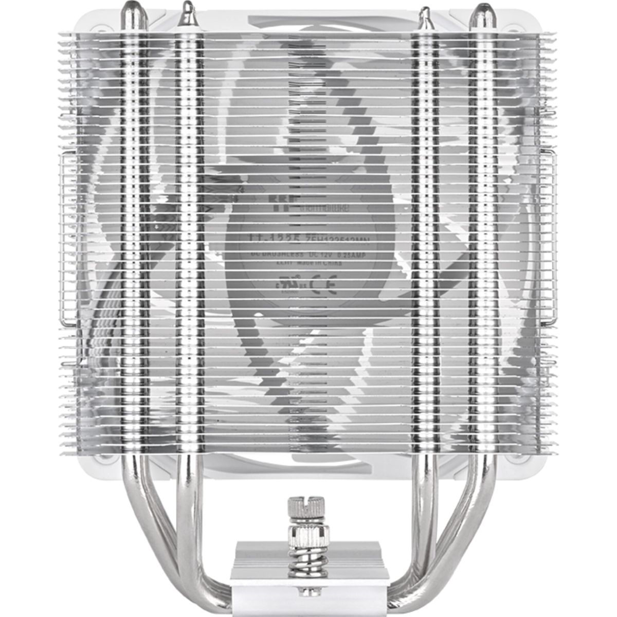 Ein silberner CPU-Kühler mit Lamellen, Heatpipes und einem integrierten Lüfter von vorne.