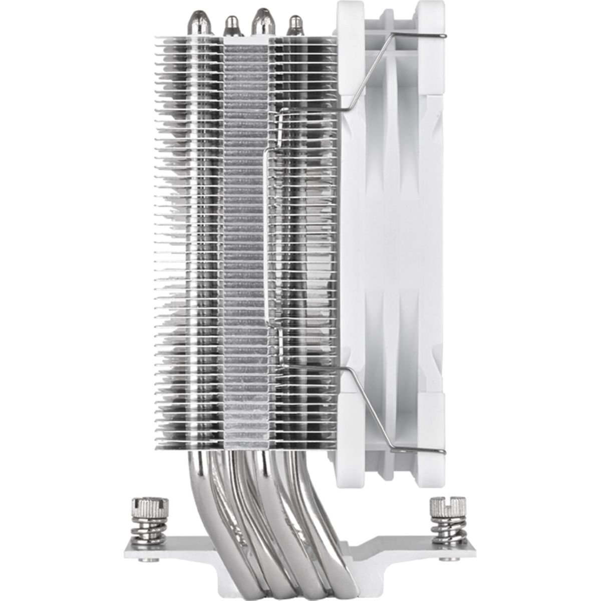 Ein silber-weißer CPU-Kühler mit Lamellen, Heatpipes und Montageschrauben vor weißem Hintergrund.