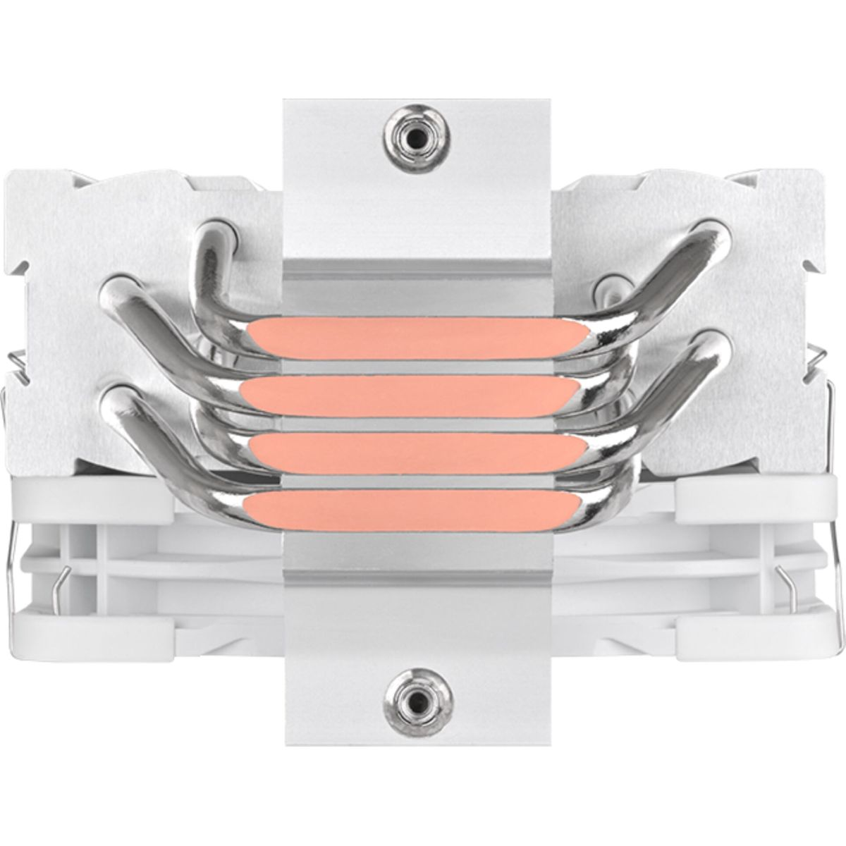 Ein silber-weißer CPU-Kühler mit vier Kupfer-Heatpipes und Montageklammern vor weißem Hintergrund.