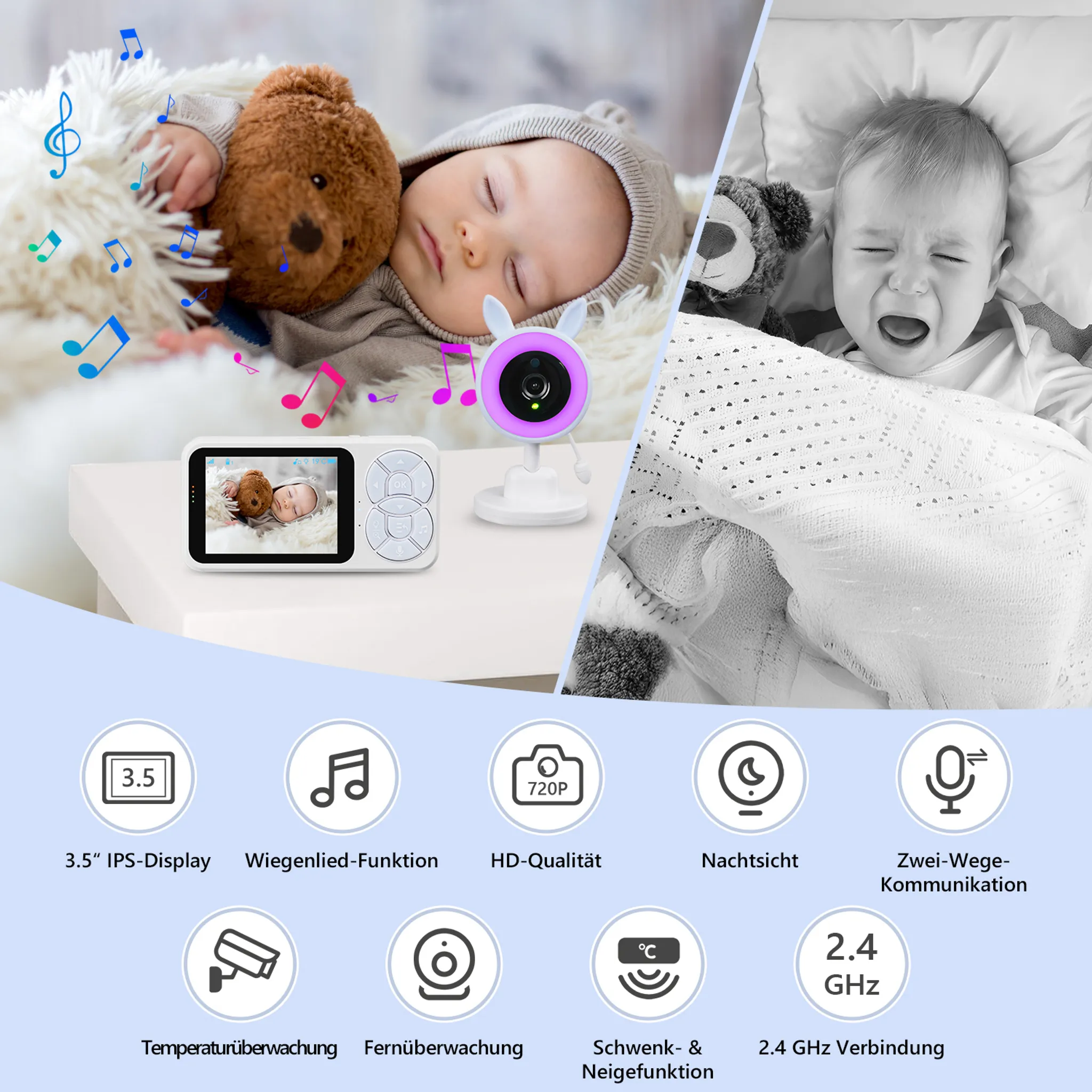 Video-Babyfon mit Kamera und Monitor, zeigt schlafendes und weinendes Baby mit Kuscheltier sowie Funktionssymbole.