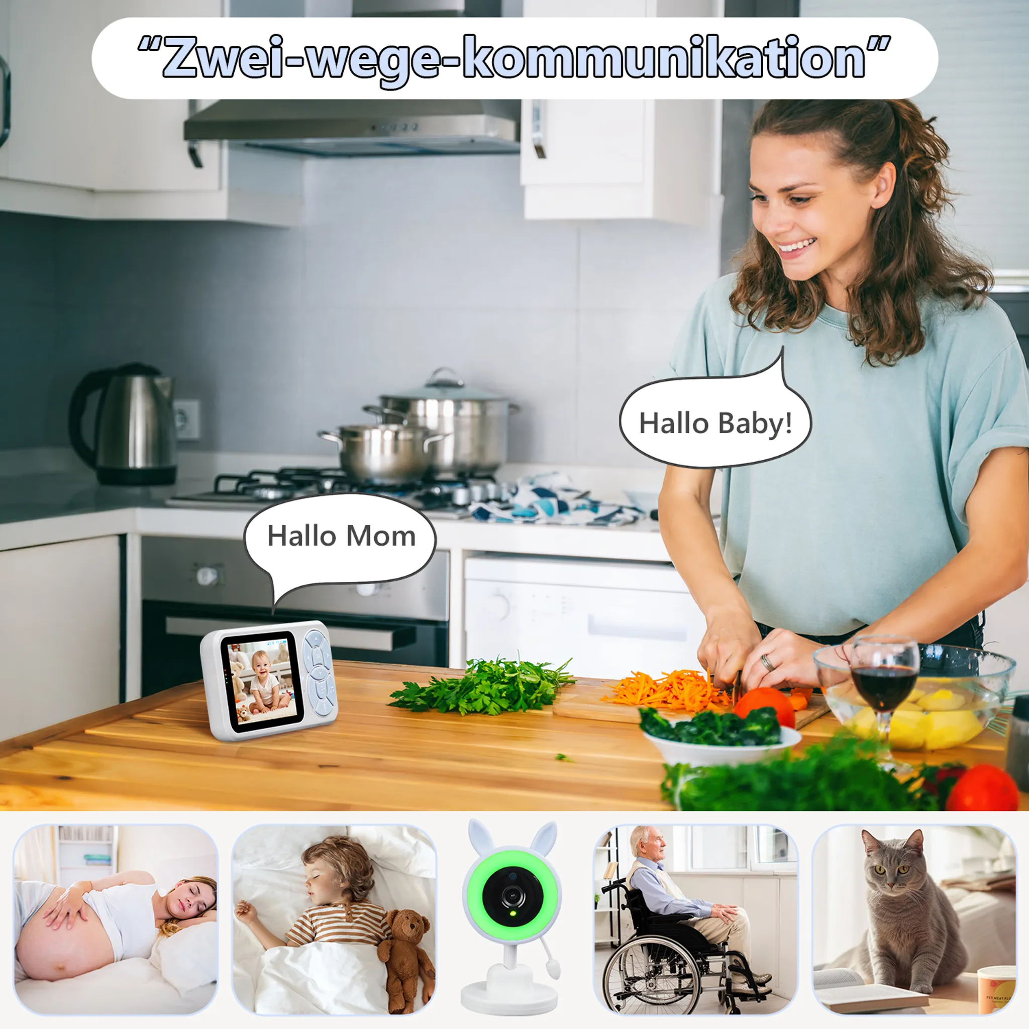 Eine Frau bereitet Essen zu, während ein Babyphone ein Kind zeigt, mit kleinen Bildern unten.