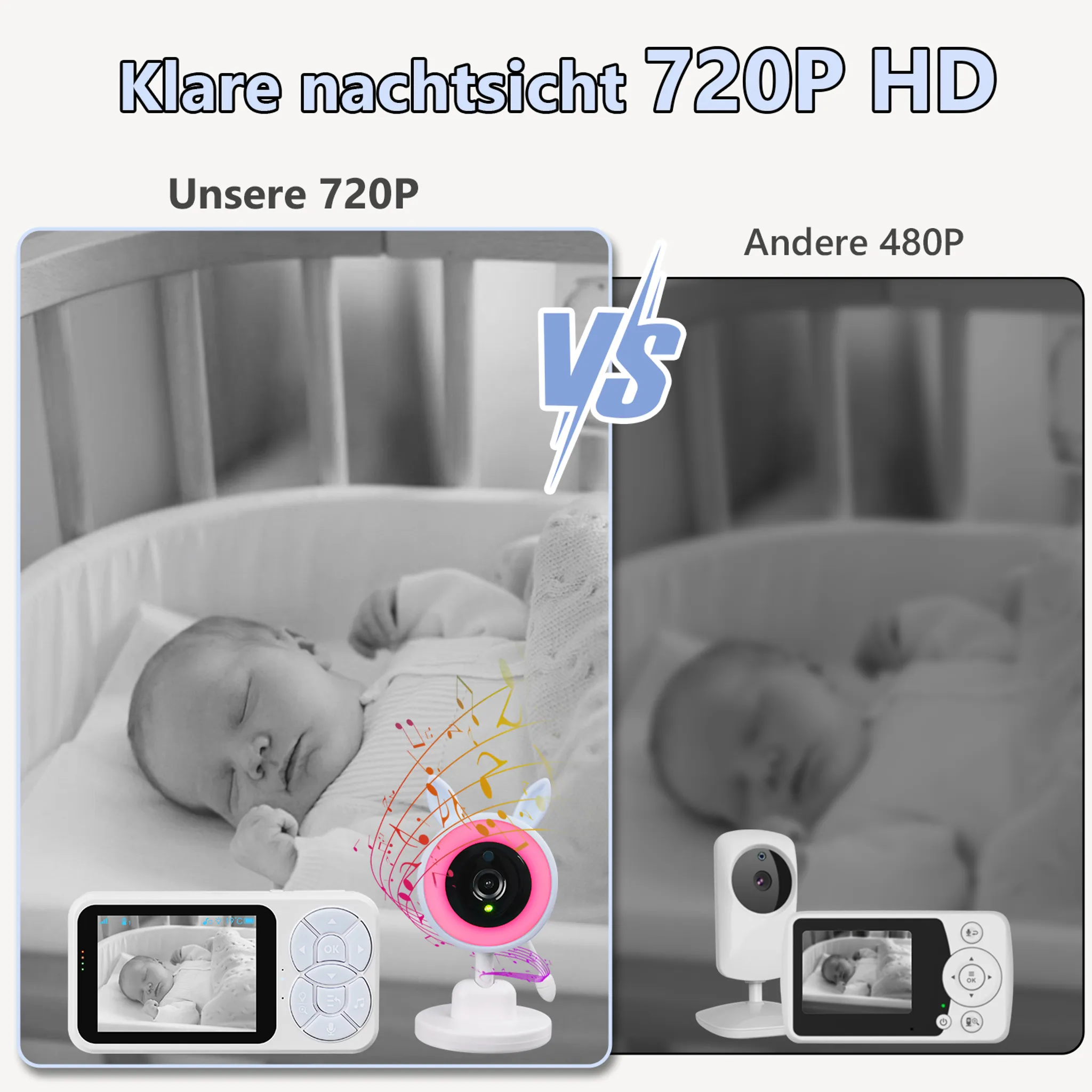 Vergleich zwischen 720P und 480P Nachtsicht einer Babykamera mit schlafendem Baby.