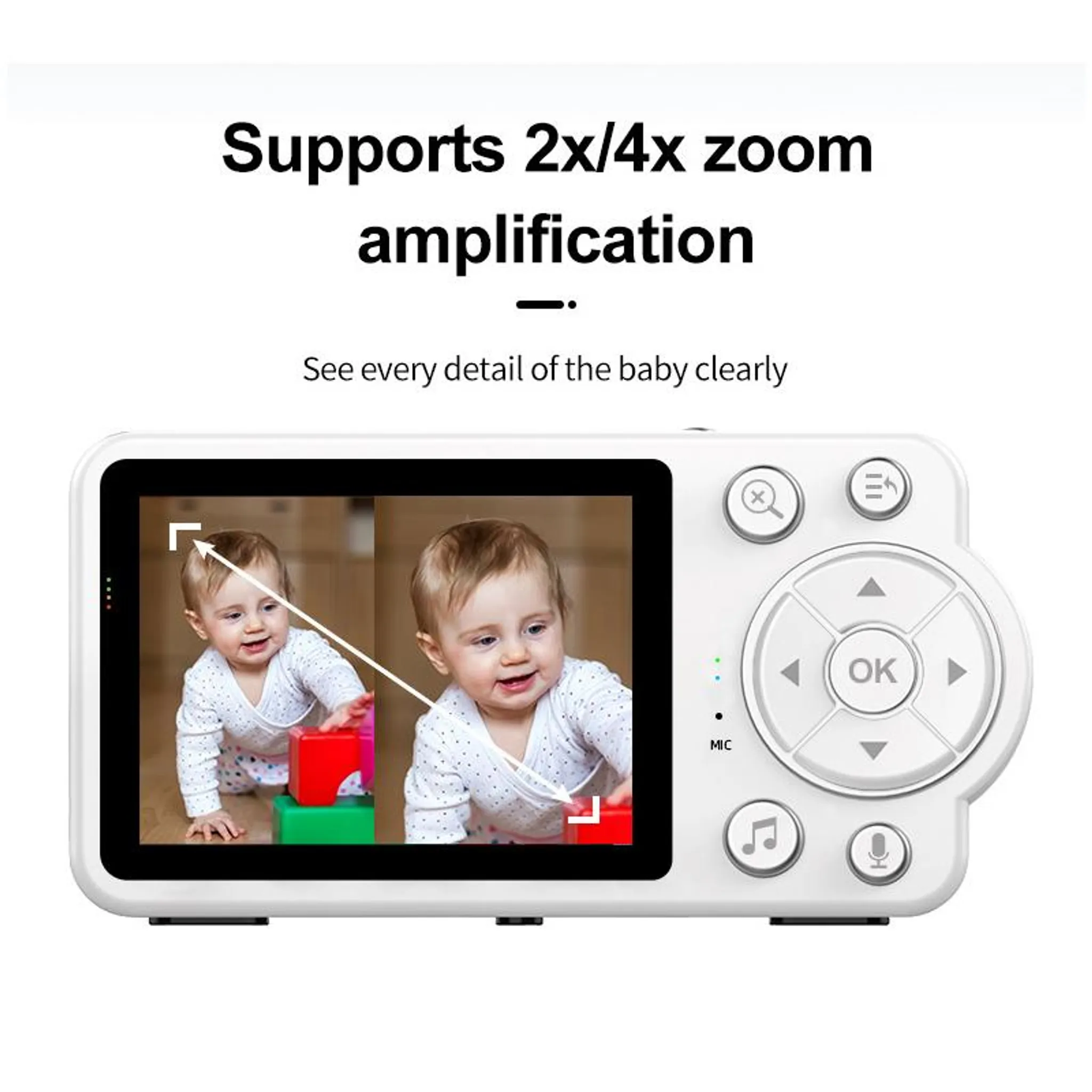 Babyphone mit Bildschirm zeigt vergrößertes Bild eines Babys mit Spielzeug.