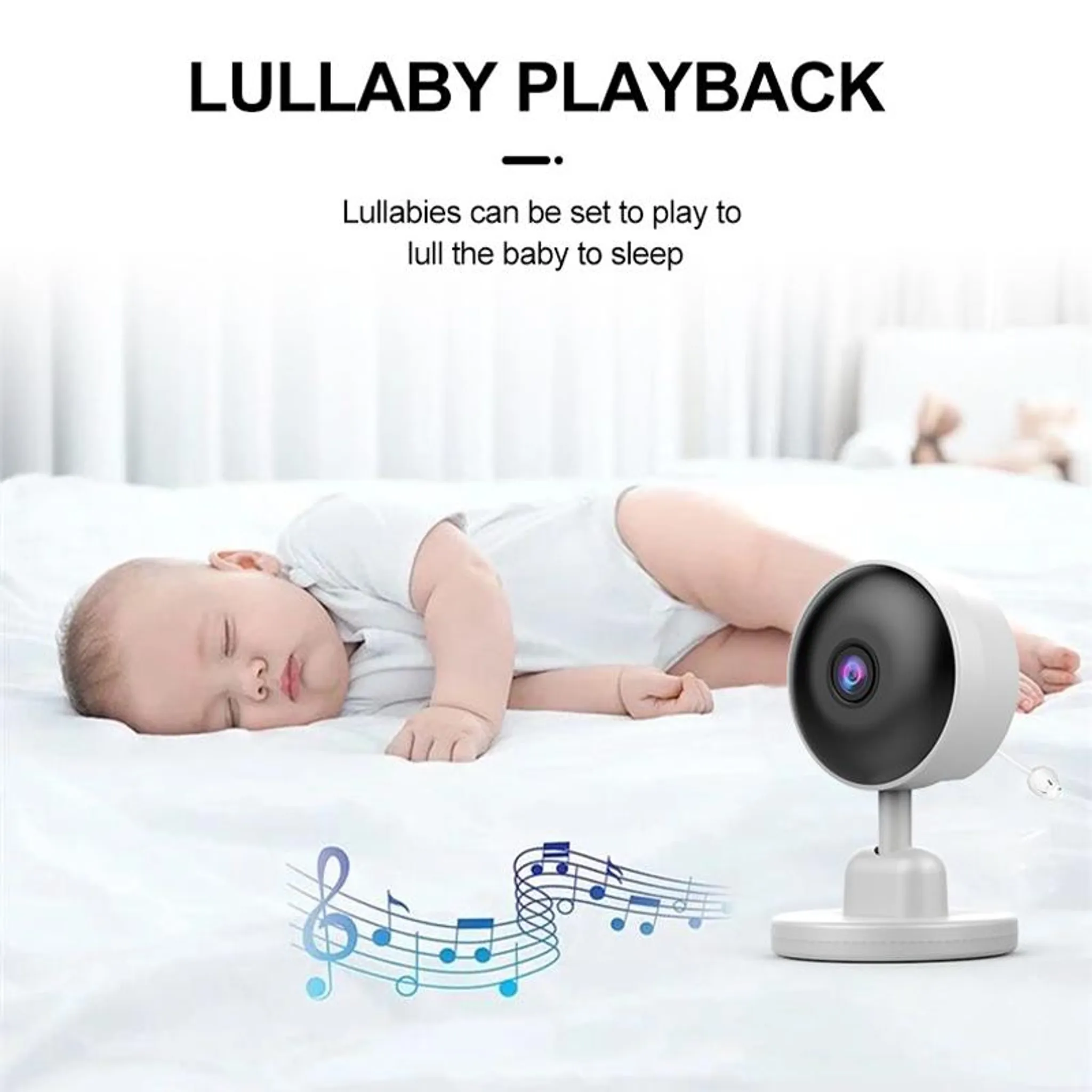 Ein Baby schläft im Bett neben einer Kamera, während Musiknoten die Wiedergabe von Schlafliedern anzeigen.