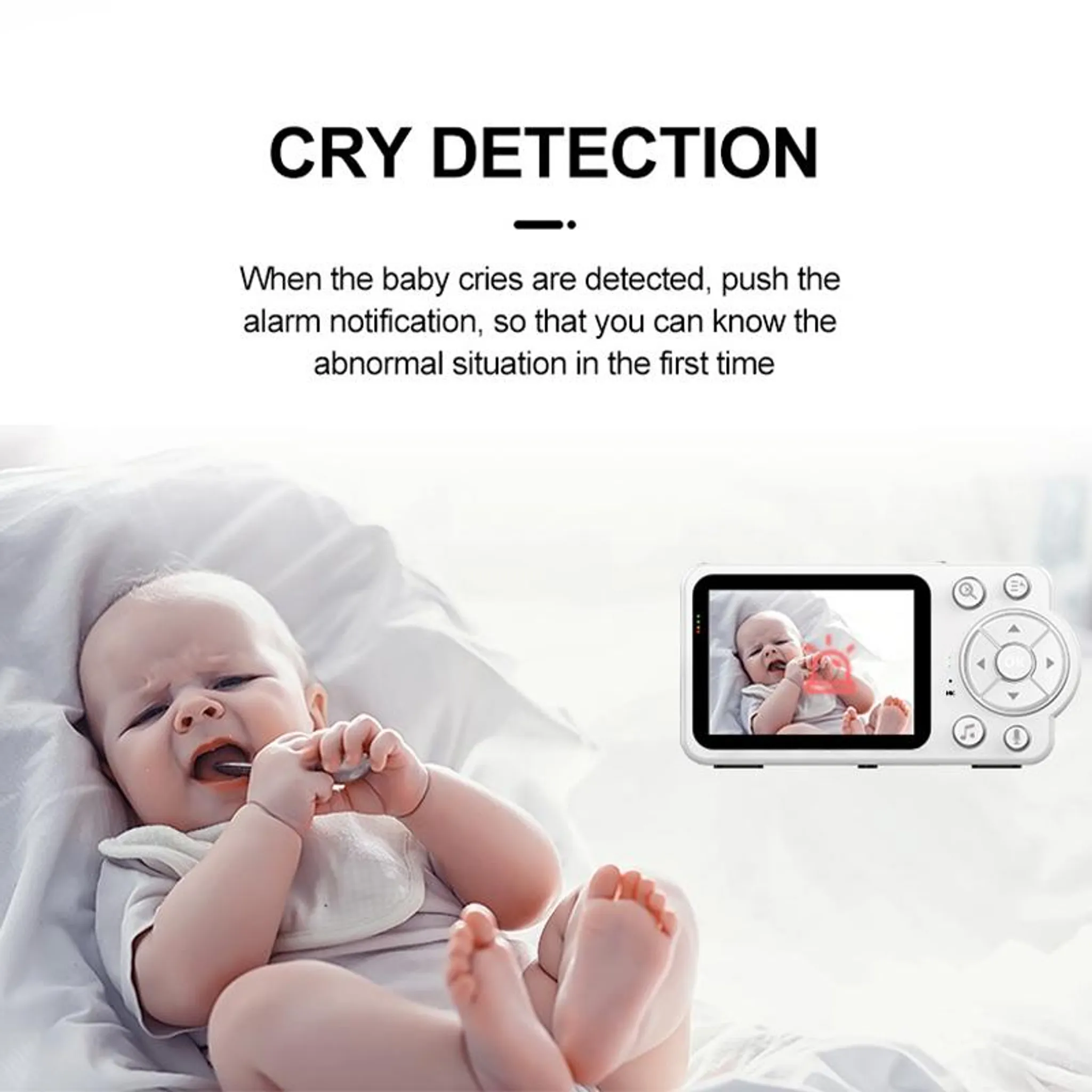 Text CRY DETECTION, darunter ein weinendes Baby und ein Babyfon, das das Weinen auf dem Bildschirm anzeigt.