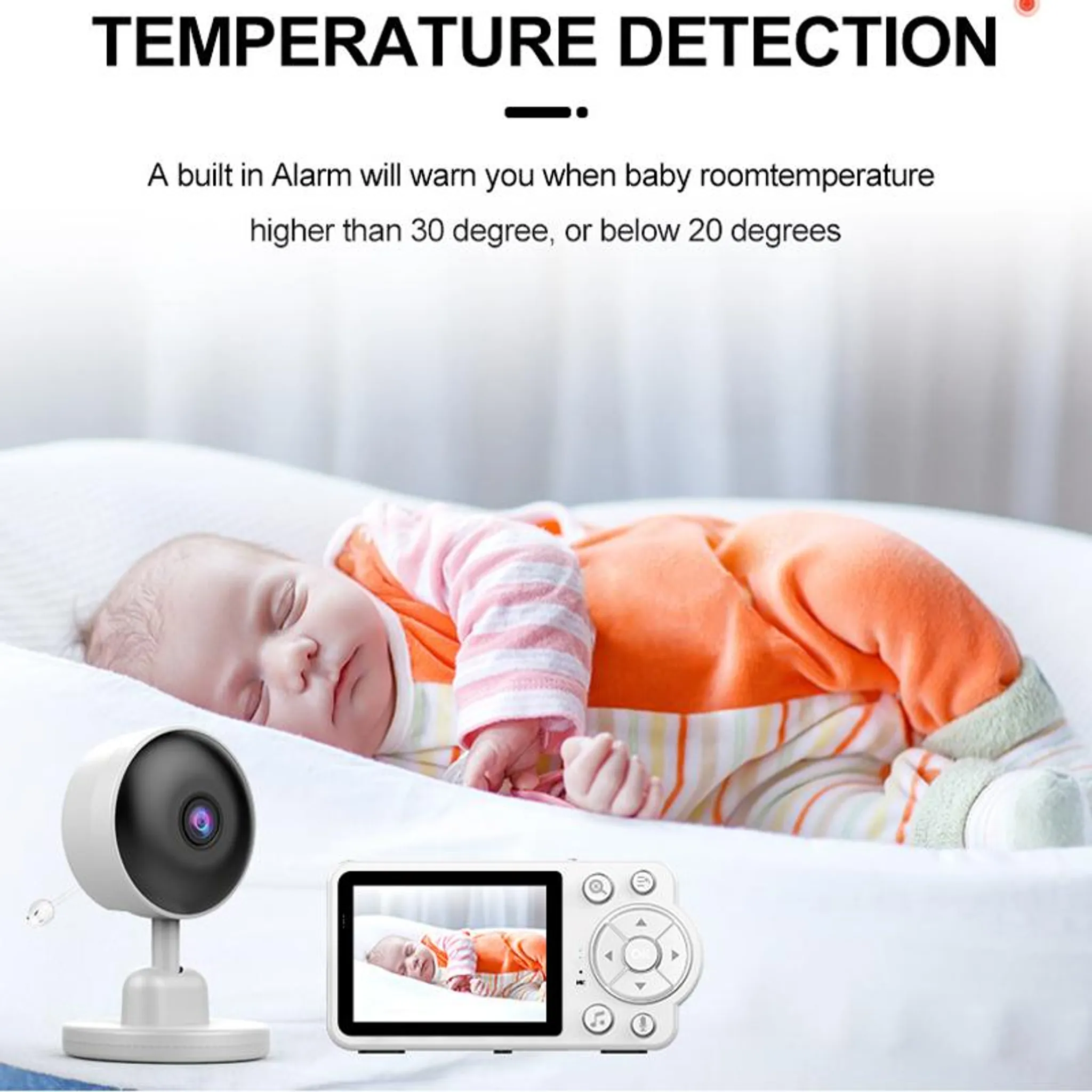 Ein Babyphone-Set mit Kamera und Empfängerbildschirm zeigt ein friedlich schlafendes Baby auf dem Bett.