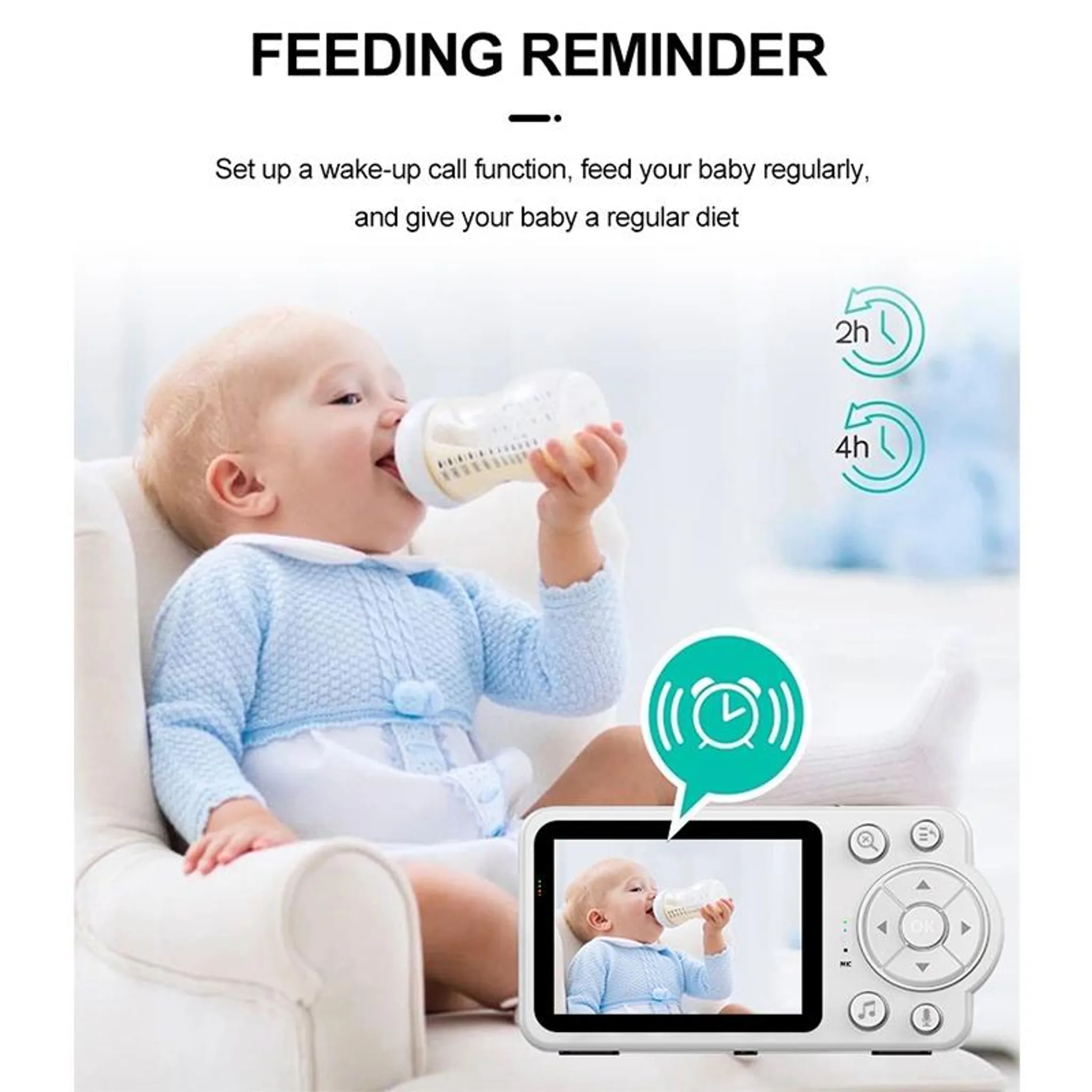 Eine Babyfon-Werbung mit einem fütternden Baby, Erinnerungssymbolen und Text.