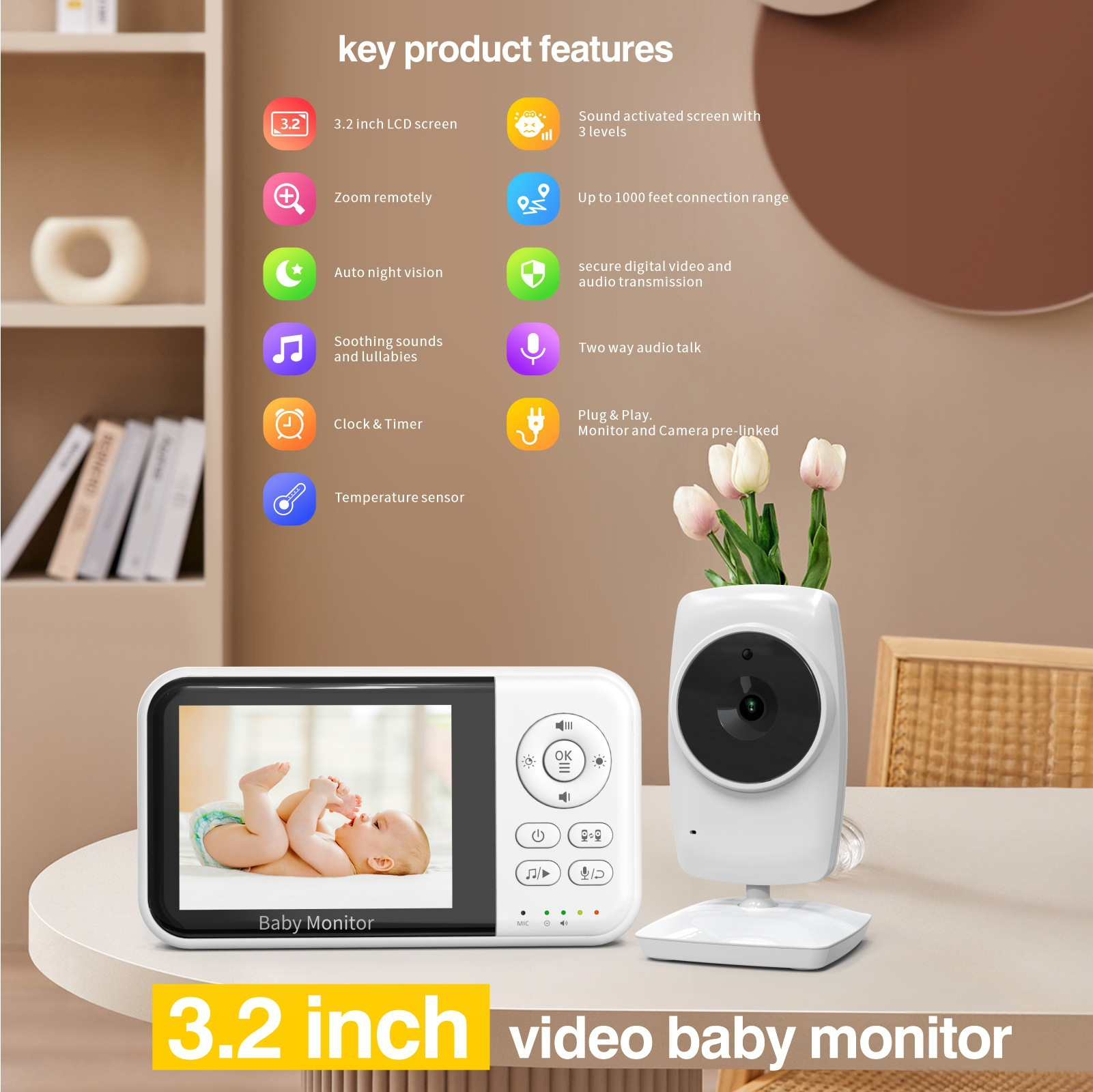 Ein weißes Babyphone mit Bildschirm zeigt ein Baby, daneben steht die Kamera und Icons listen die Produktmerkmale auf.