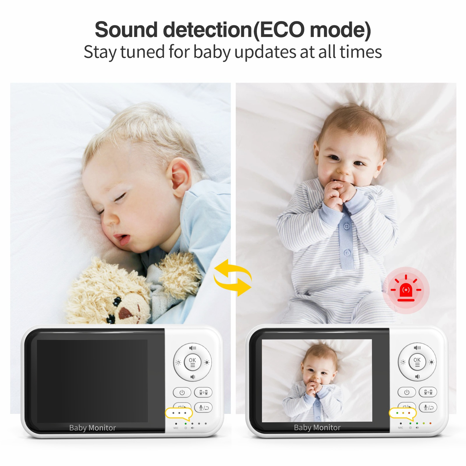 Ein Babyphone zeigt Geräuscherkennung im ECO-Modus mit einem schlafenden und einem wachen Baby.