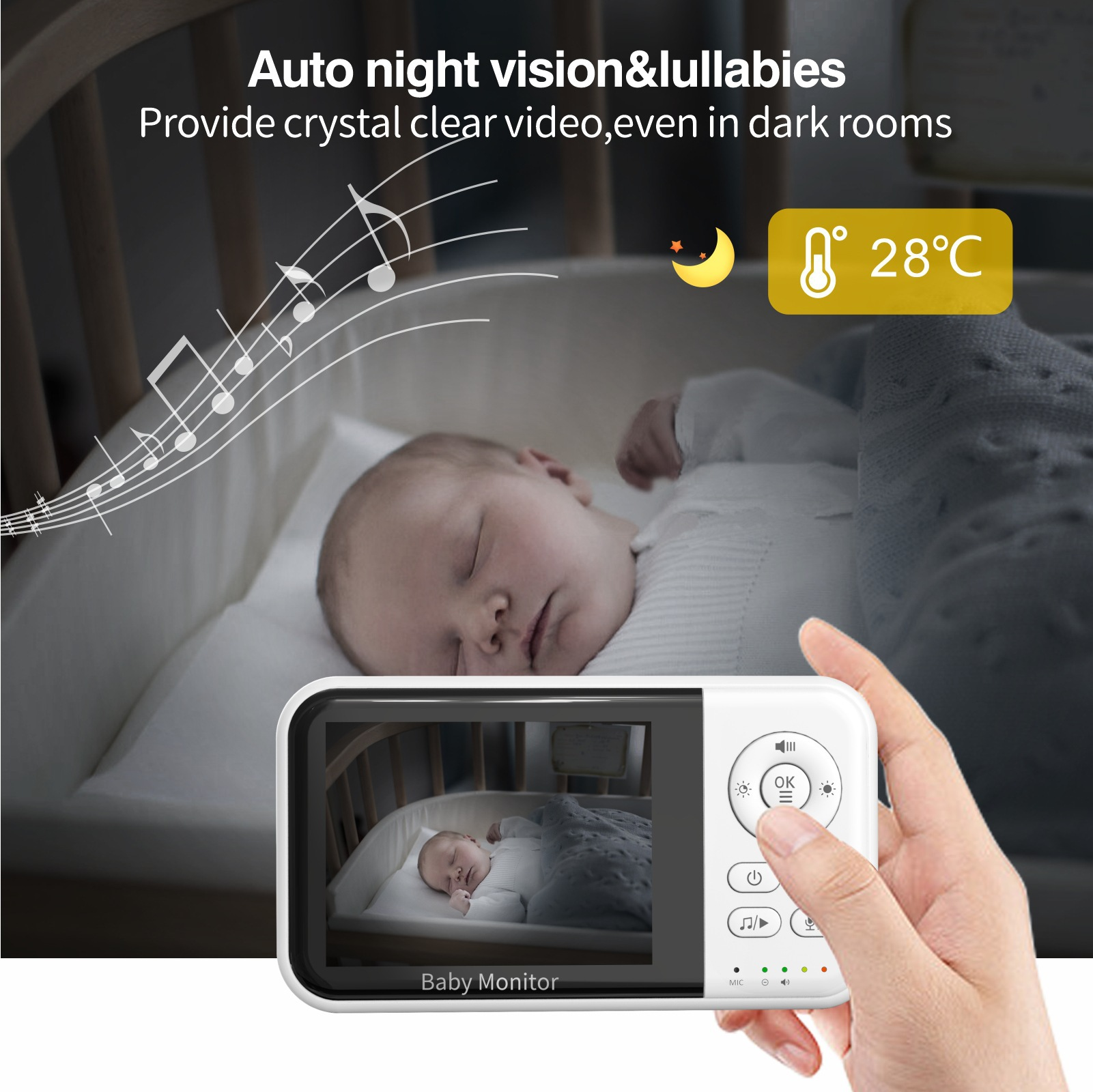 Ein Babyphone zeigt ein schlafendes Baby im Bett. Text und Symbole zeigen Nachtsicht und Temperatur an.
