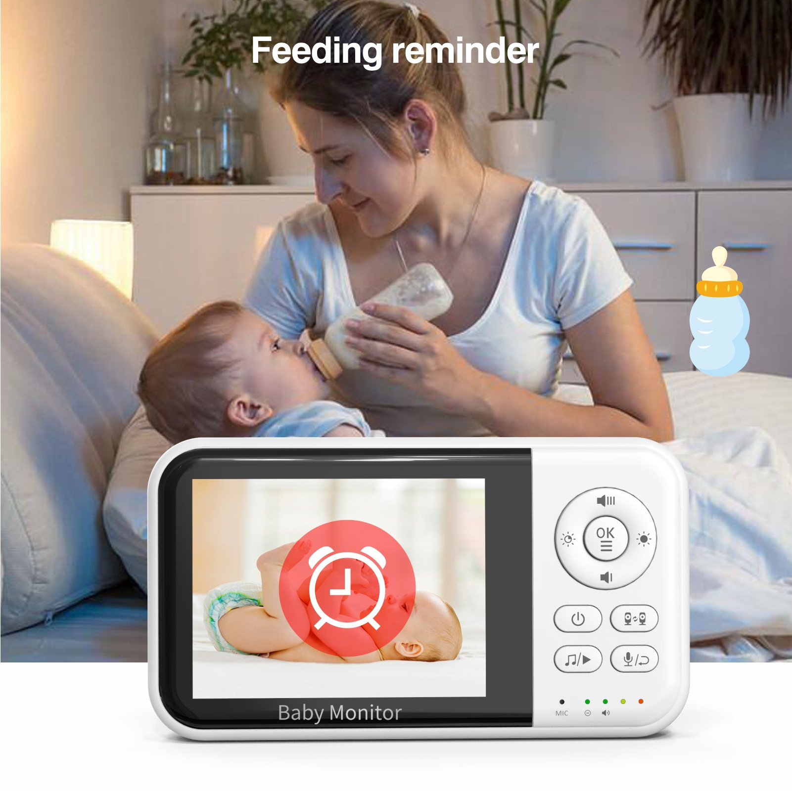 Eine Mutter füttert ihr Baby mit der Flasche, im Vordergrund zeigt ein Babyphone ein schlafendes Kind mit Wecker.