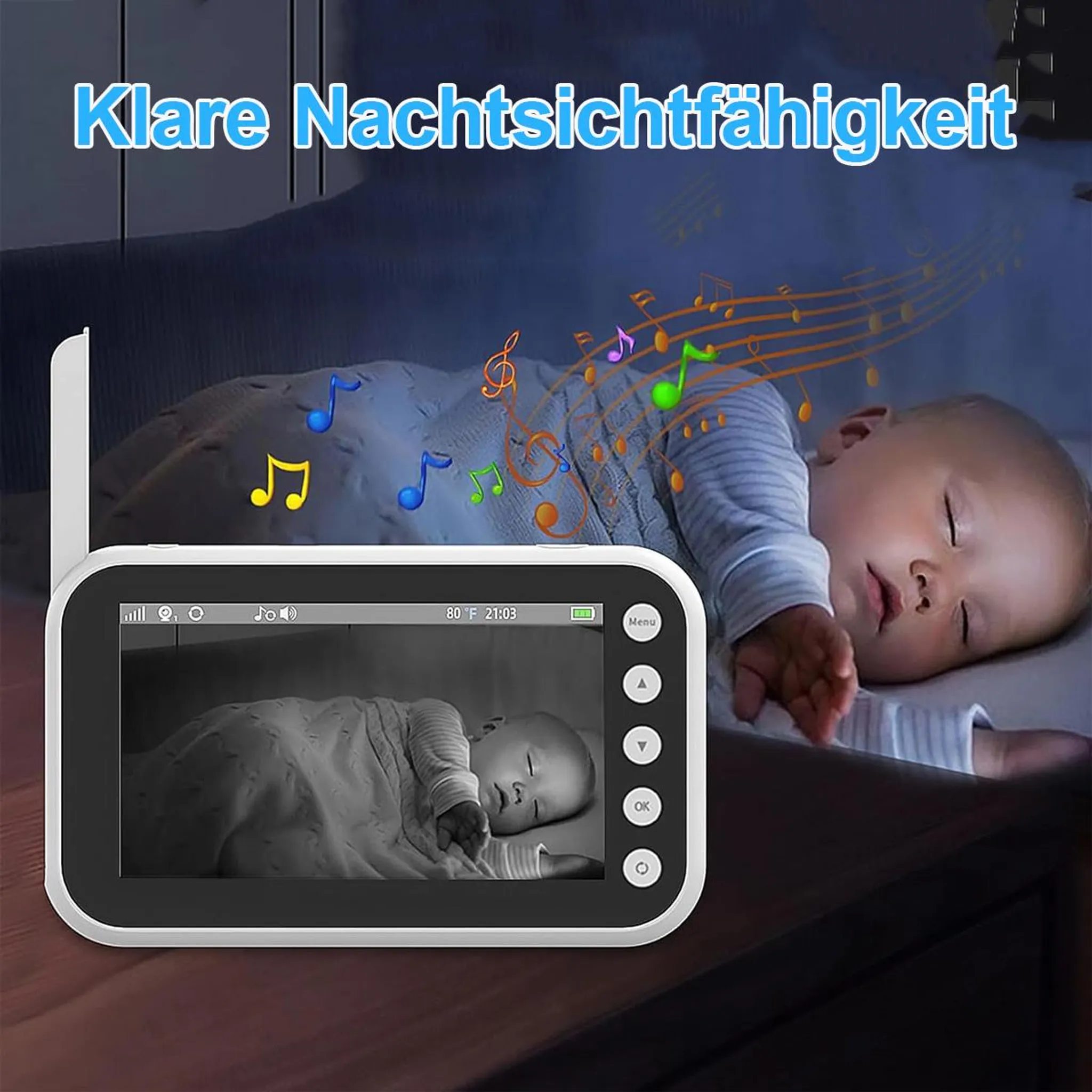 Ein Babyphone zeigt ein schlafendes Baby mit Musiknoten, während das Baby im Hintergrund im Bett schläft.