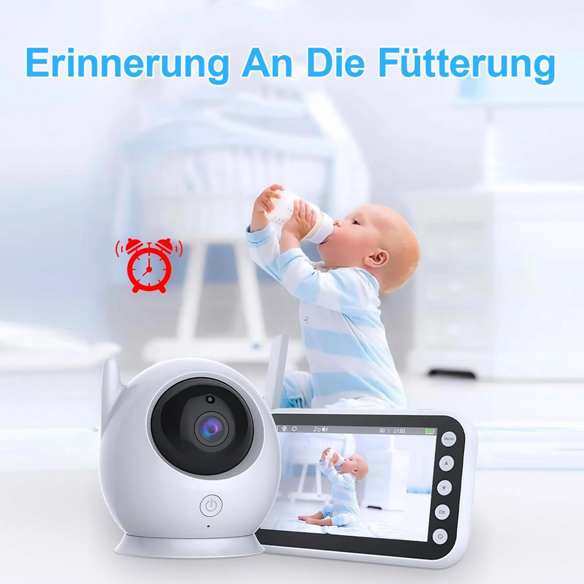 Ein Babyphone mit weißer Kamera und Display, das ein Baby mit Fläschchen im Kinderzimmer zeigt.