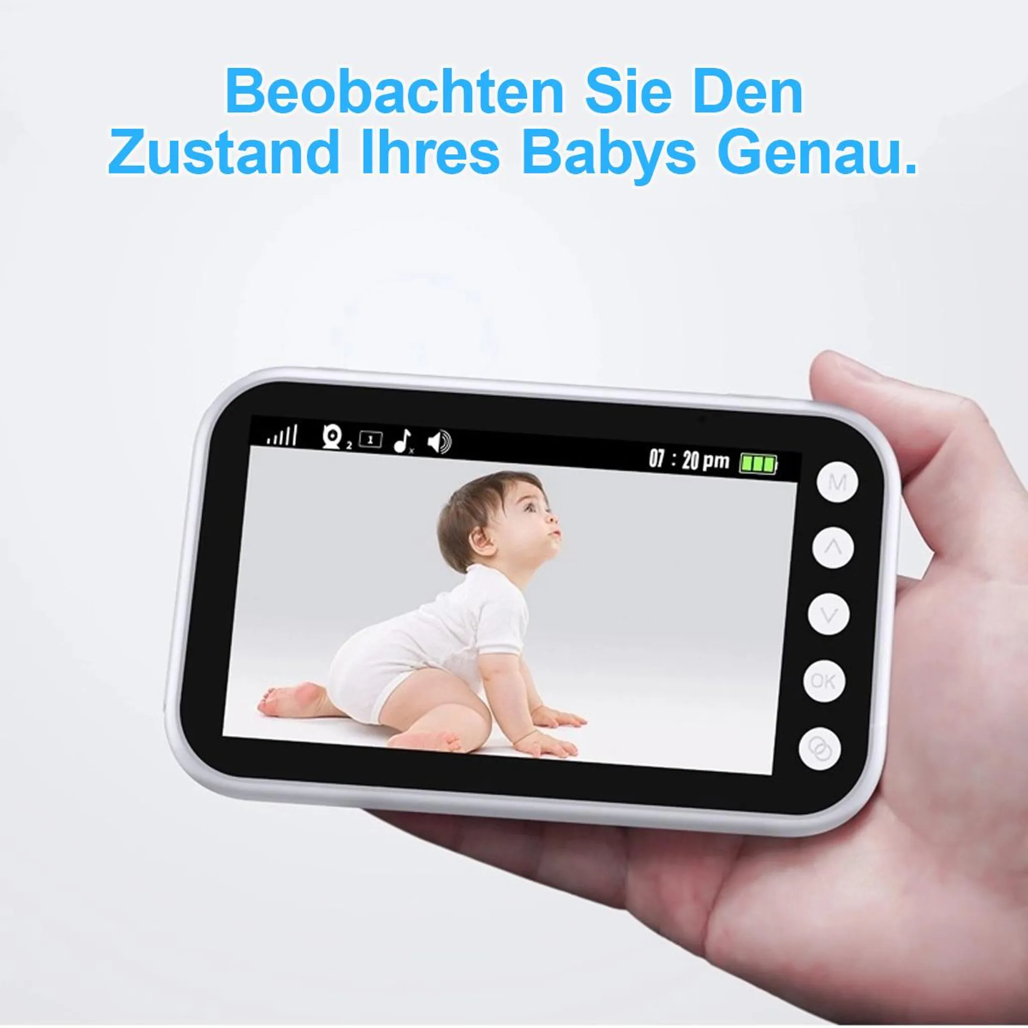 Hand hält Babyphone mit Bildschirm, auf dem ein Baby kriecht. Blauer Text oben.