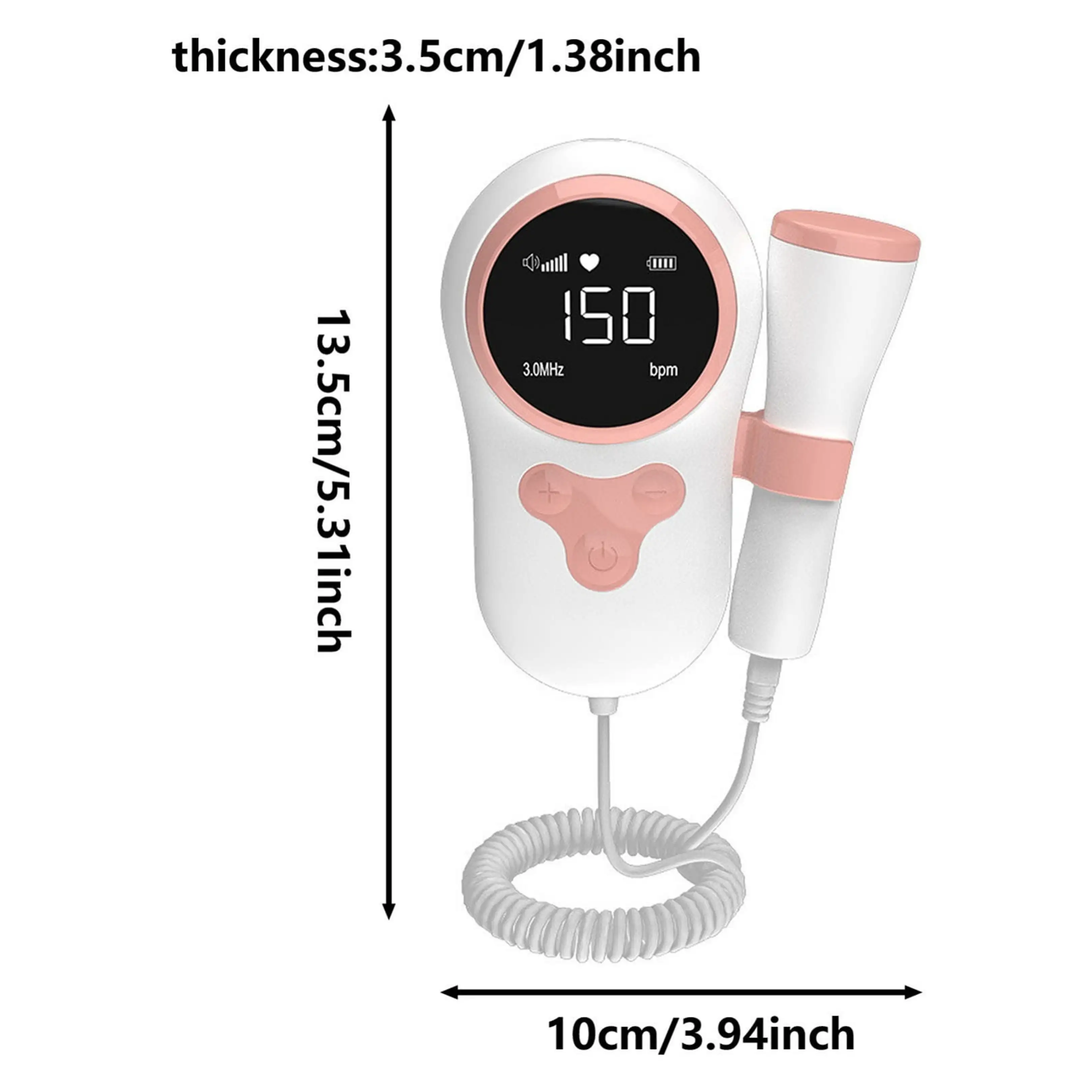 Weiß-rosafarbener fötaler Doppler mit Bildschirm, der 150 bpm anzeigt, und Abmessungen.