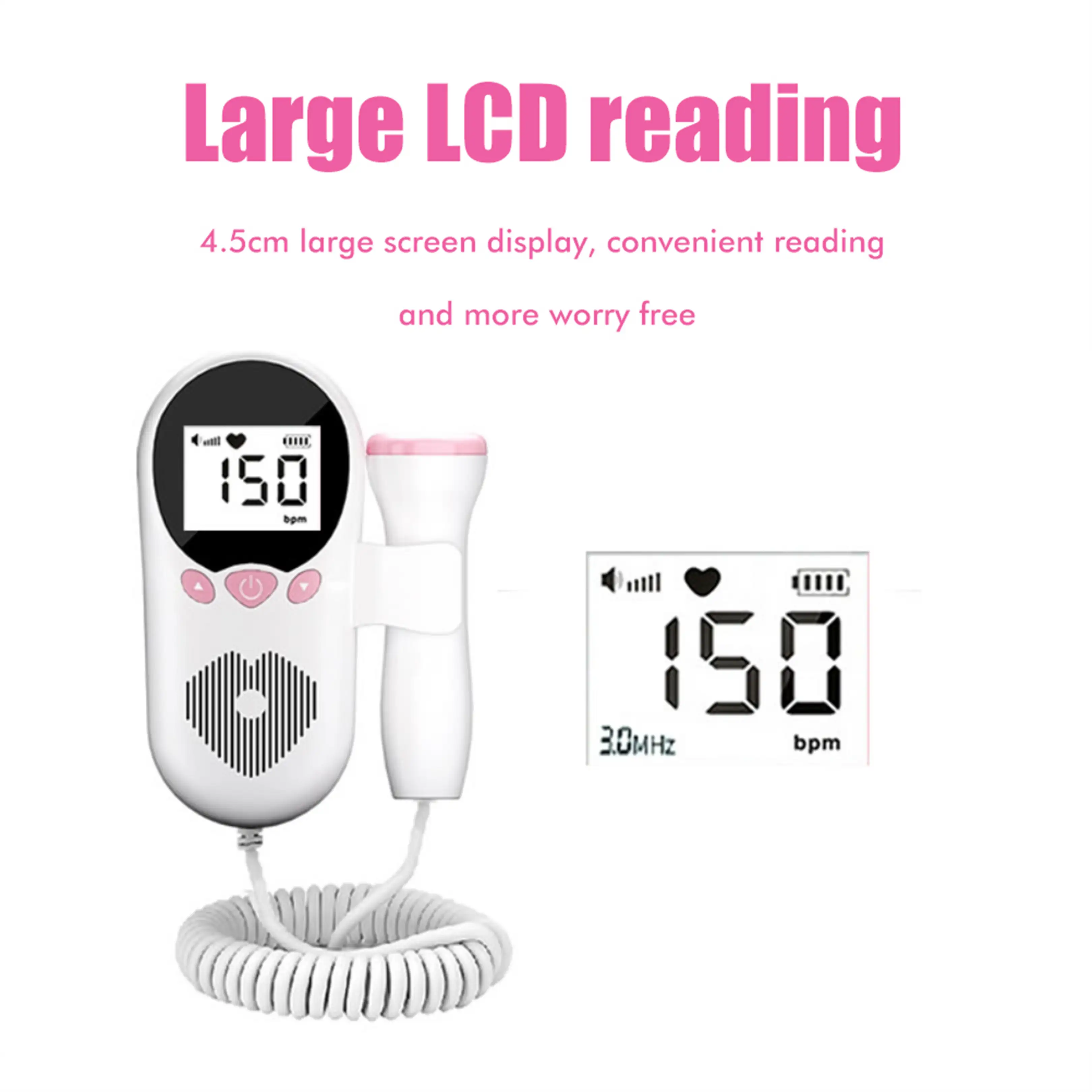 Ein weiß-rosa Fetaldoppler mit Display zeigt 150 bpm, verbunden mit einem Kabel.