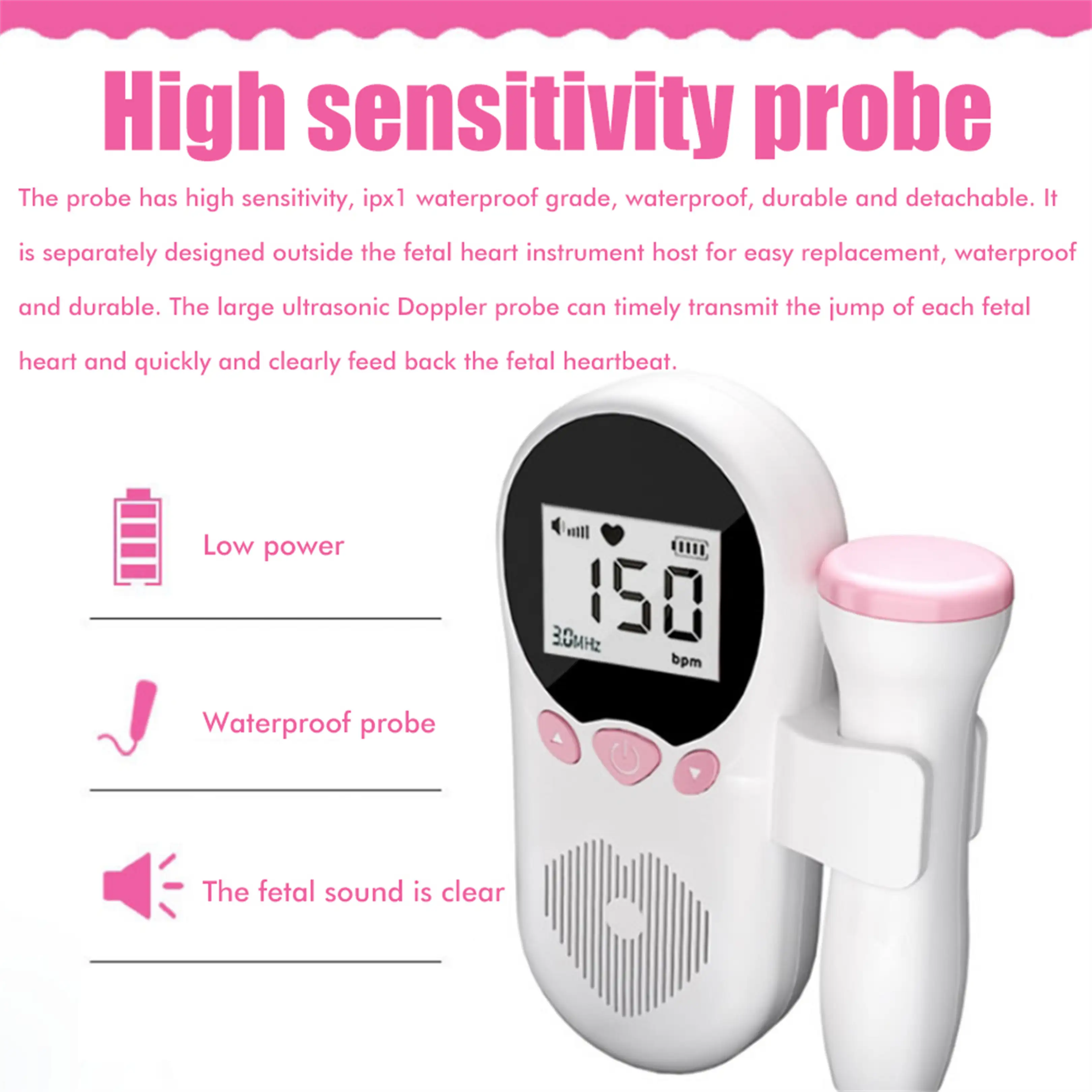 Ein weißes Fetaldoppler-Gerät mit rosafarbener Sonde, Display mit 150 bpm und Text zu den Funktionen.