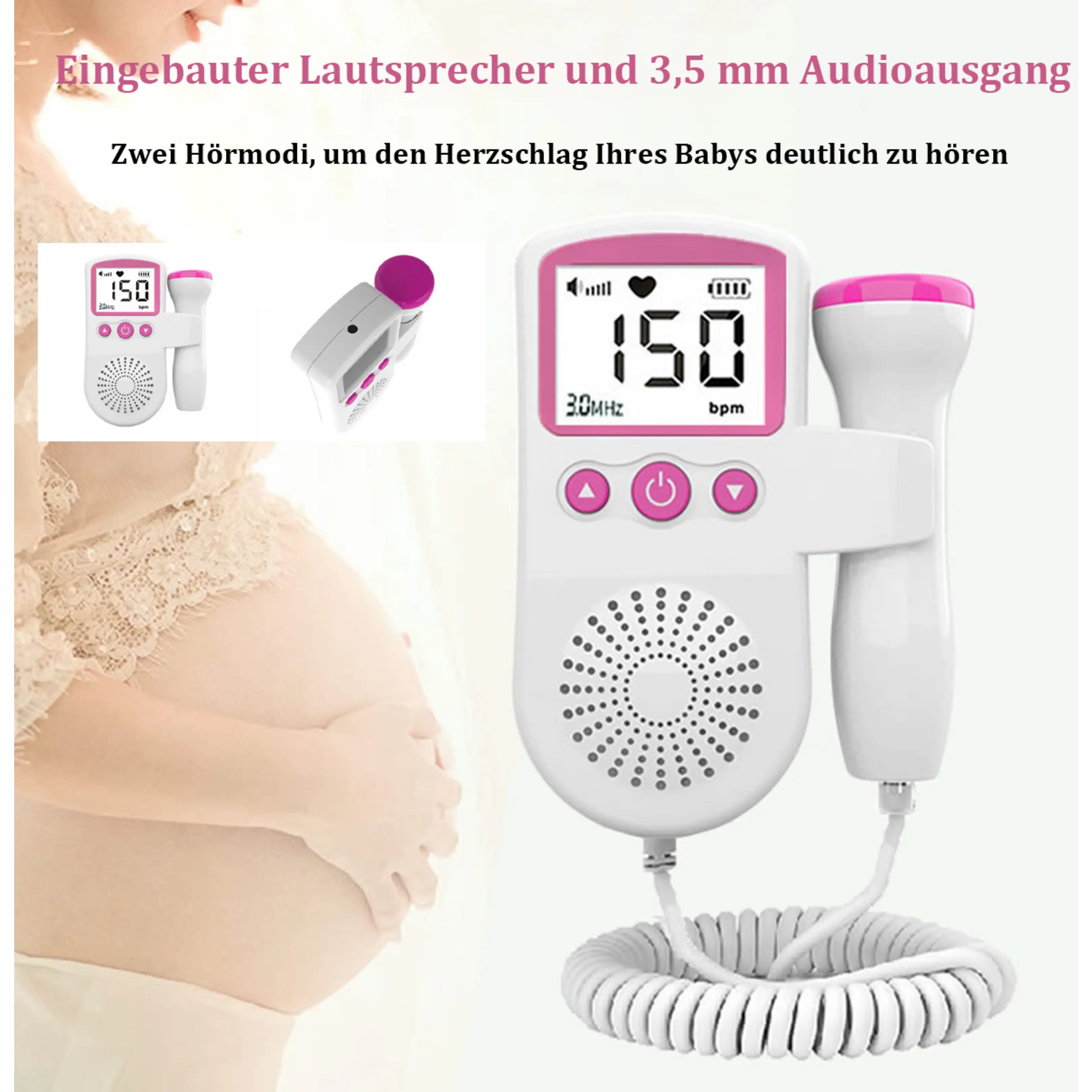 Rosa-weißer Fetaldoppler vor dem Bild einer schwangeren Frau.